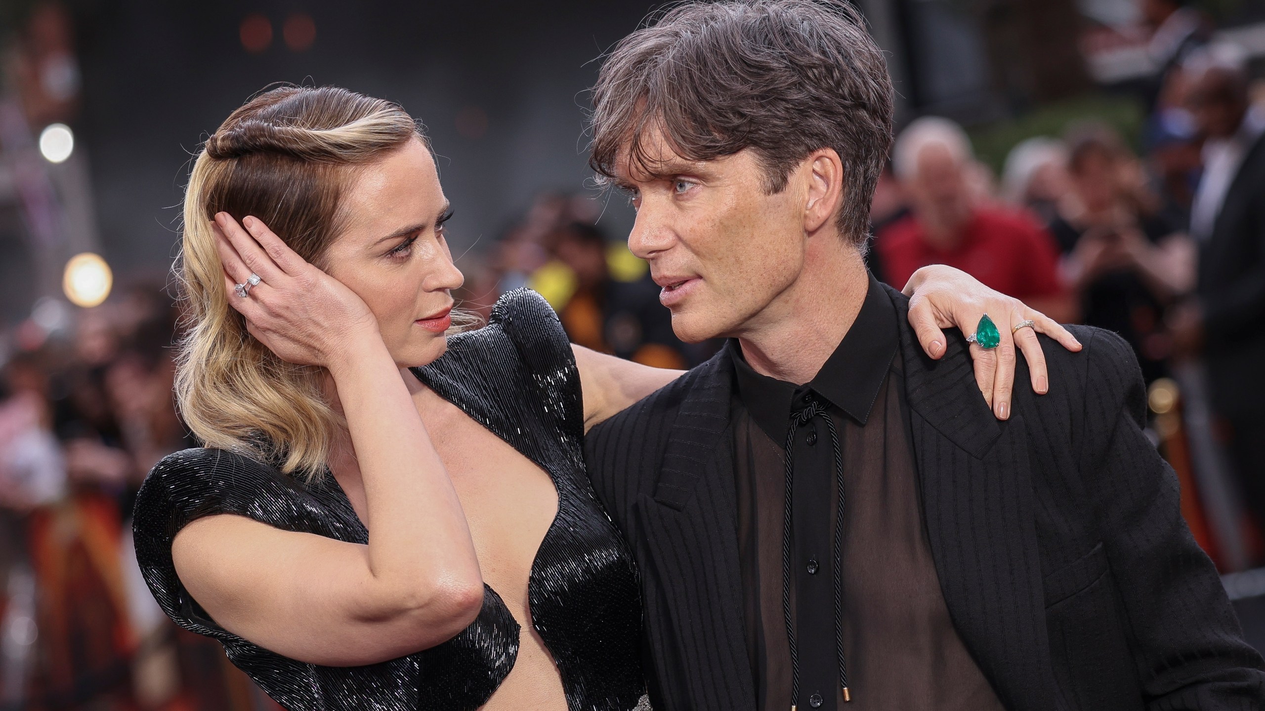 Emily Blunt, left, and Cillian Murphy pose for photographers upon arrival at the premiere for the film 'Oppenheimer' on Thursday, July 13, 2023 in London. (Vianney Le Caer/Invision/AP)