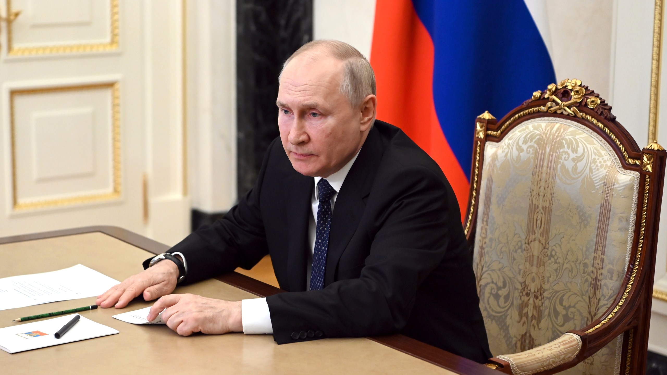 Russian President Vladimir Putin Vladimir attends a meeting on the situation in the area of the Crimean bridge via video conference at the Kremlin in Moscow, Russia, Monday, July 17, 2023. (Alexander Kazakov, Sputnik, Kremlin Pool Photo via AP)