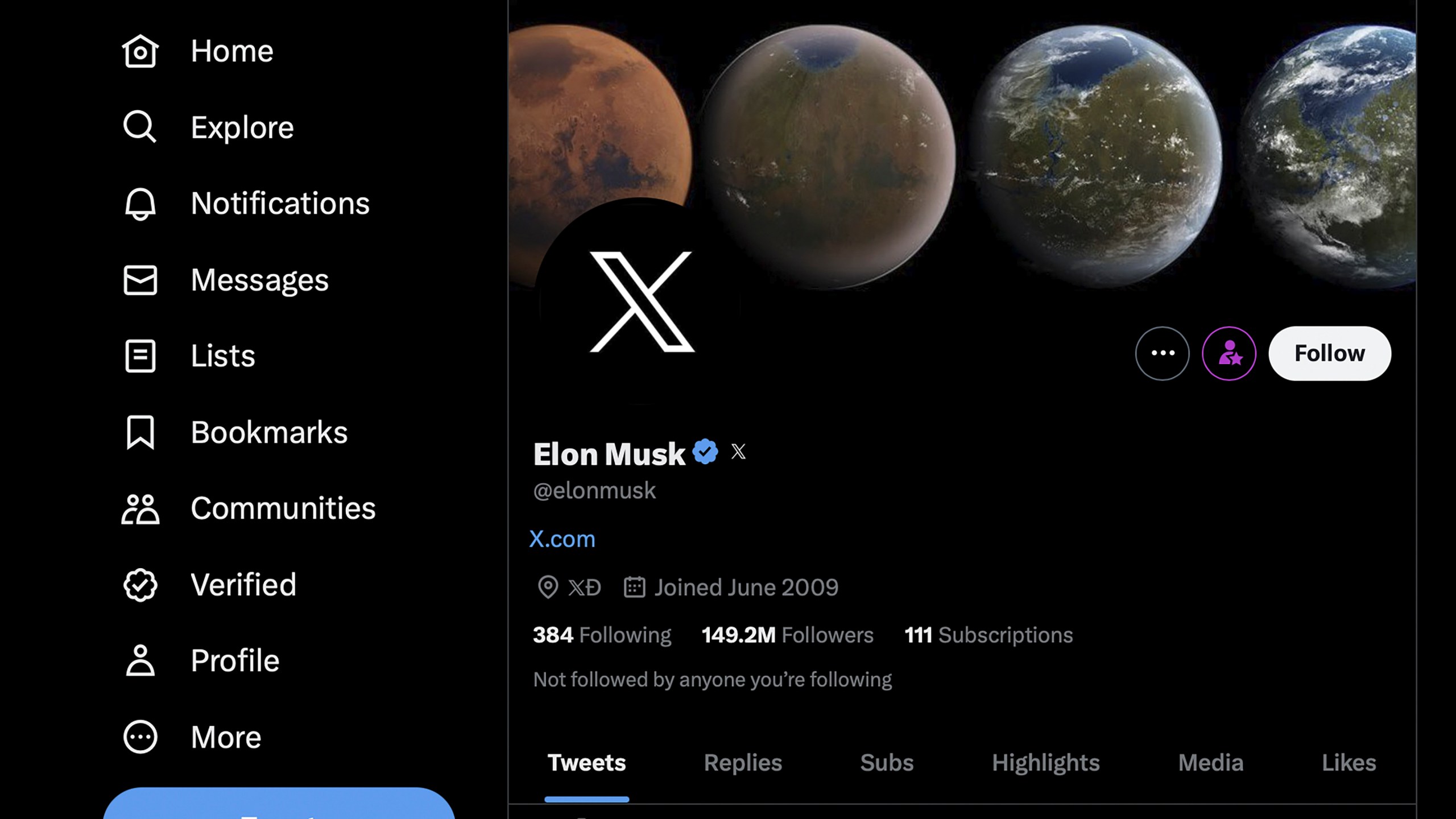 This screen shot taken Monday, July 24, 2023, in New York, shows Elon Musk's Twitter page with the new X logo that he introduced a day before. Musk has unveiled a new "X" logo to replace Twitter's famous blue bird as he follows through with a major rebranding of the social media platform he bought for $44 billion last year. The X started appearing at the top of the desktop version of Twitter on Monday, but the bird was still dominant across the smartphone app. (Twitter via AP)