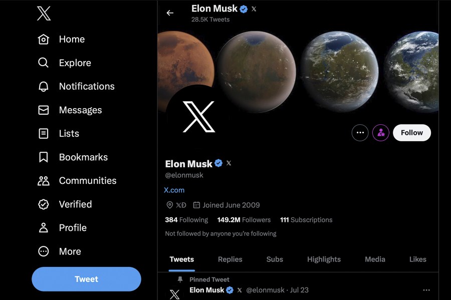 This screen shot taken Monday, July 24, 2023, in New York, shows Elon Musk's Twitter page with the new X logo that he introduced a day before. Musk has unveiled a new "X" logo to replace Twitter's famous blue bird as he follows through with a major rebranding of the social media platform he bought for $44 billion last year. The X started appearing at the top of the desktop version of Twitter on Monday, but the bird was still dominant across the smartphone app. (Twitter via AP)