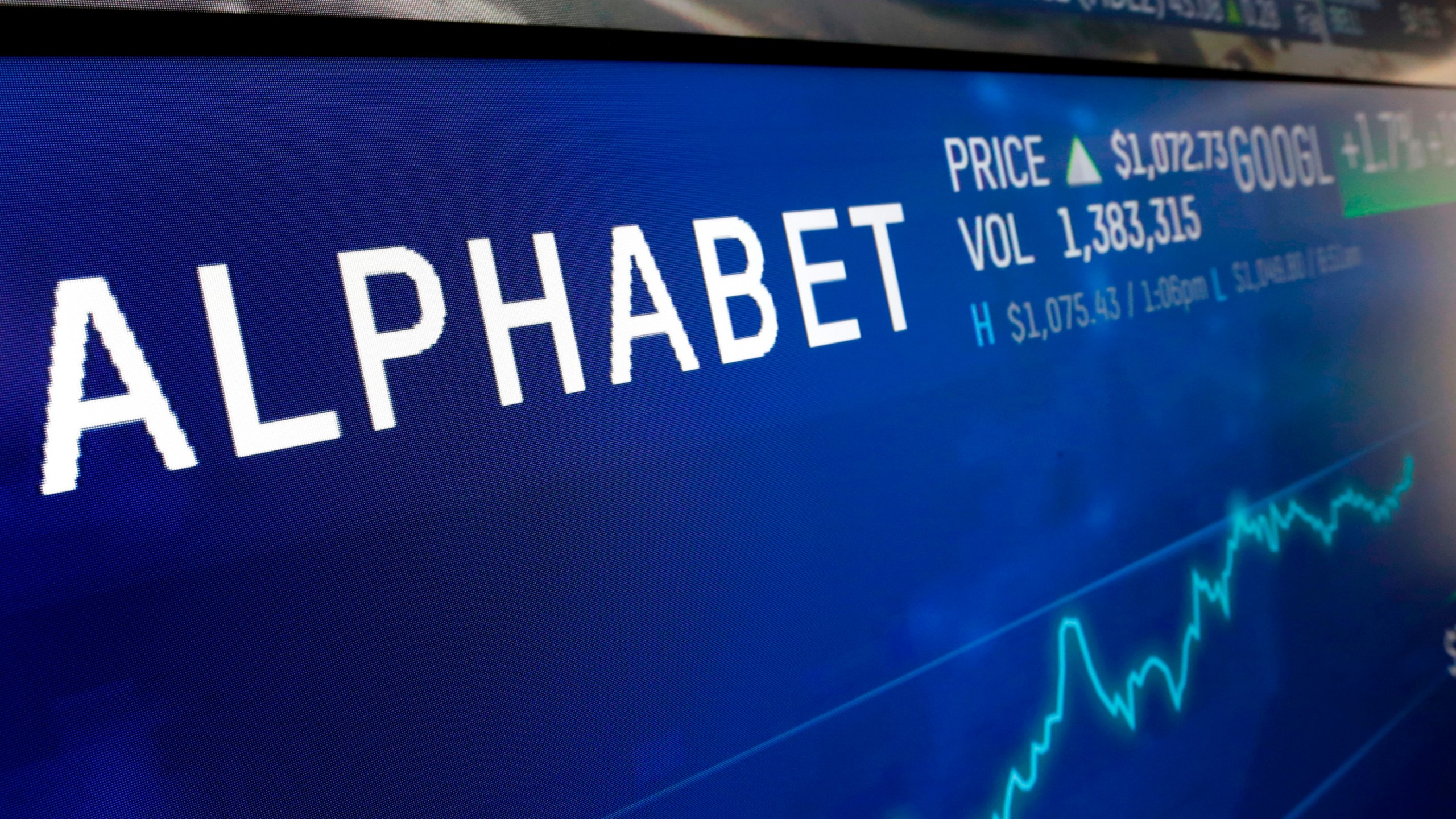 FILE - In this Feb. 14, 2018, file photo the logo for Alphabet appears on a screen at the Nasdaq MarketSite in New York. Alphabet reports earnings on Tuesday July 25, 2023. (AP Photo/Richard Drew, File)