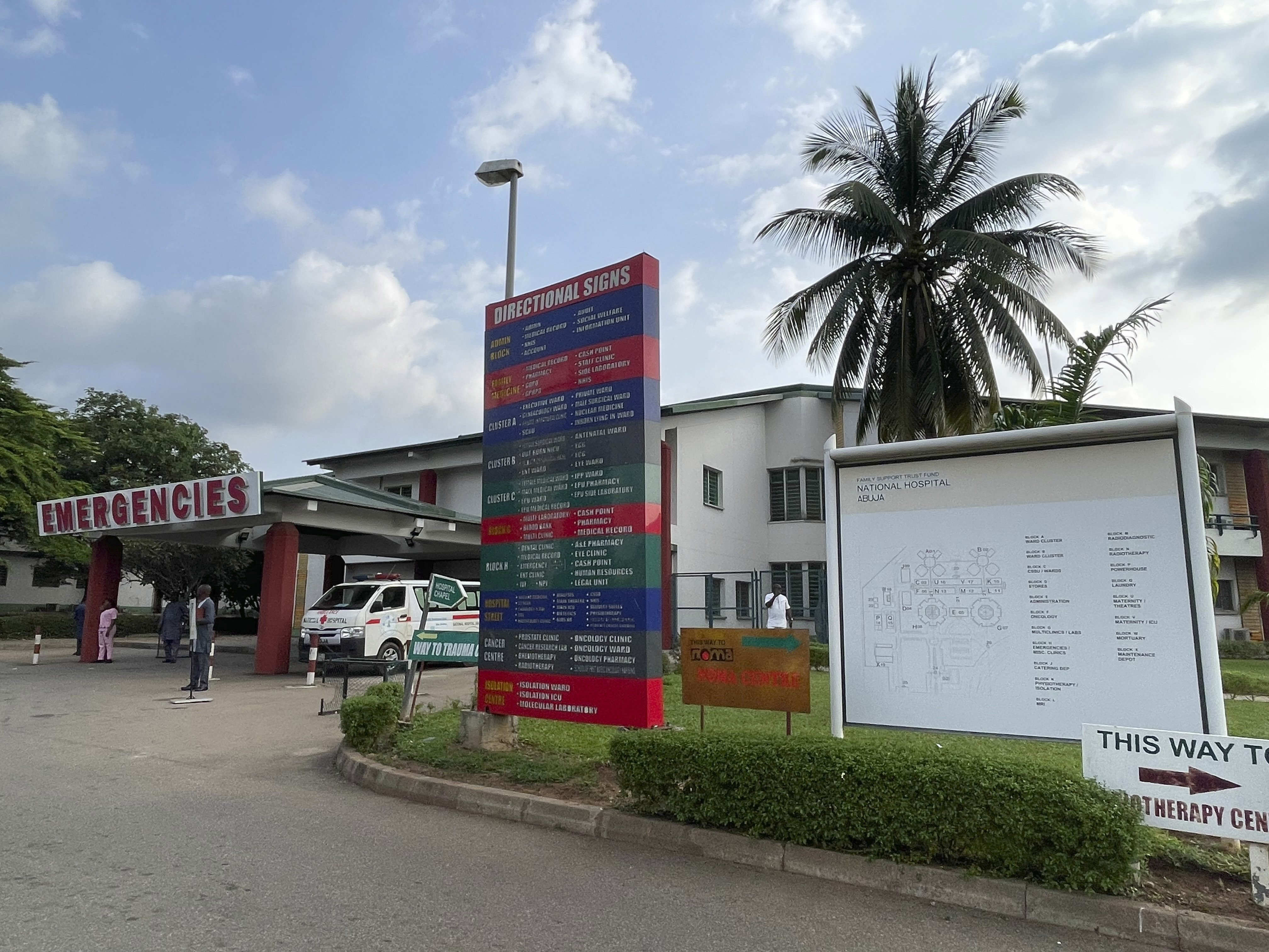 An ambulance is parked at the emergency unit of the National hospital in Abuja Nigeria, Wednesday, July. 26, 2023. The Nigerian Association of Resident Doctors on Wednesday is on strike again, demanding better working conditions for its members. (AP Photo/Chinedu Asadu)