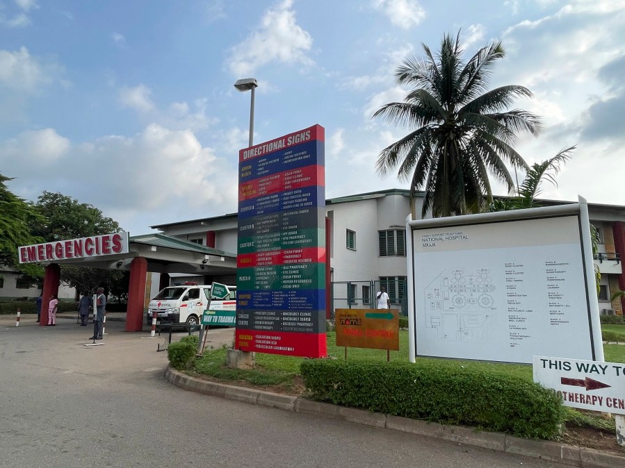 An ambulance is parked at the emergency unit of the National hospital in Abuja Nigeria, Wednesday, July. 26, 2023. The Nigerian Association of Resident Doctors on Wednesday is on strike again, demanding better working conditions for its members. (AP Photo/Chinedu Asadu)