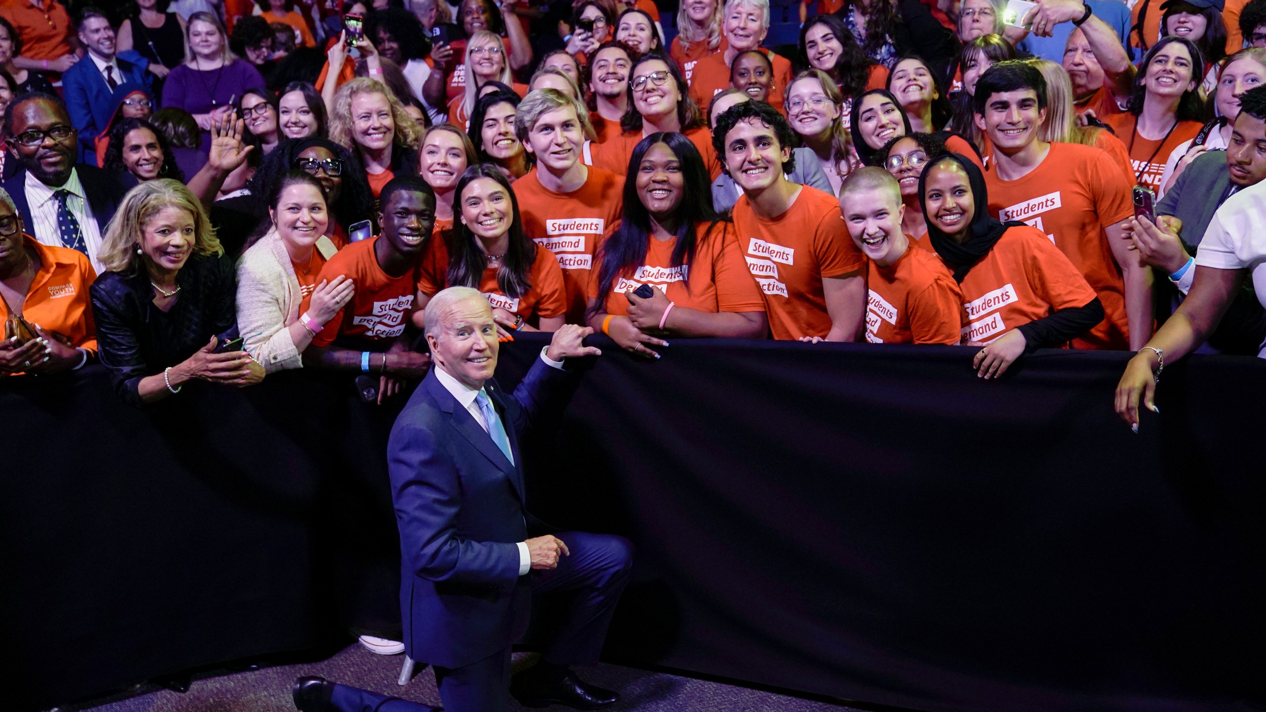 FILE - President Joe Biden poses for a photo with the Students Demand Action group after speaking at the National Safer Communities Summit at the University of Hartford in West Hartford, Conn., June 16, 2023. The oldest president in American history, Joe Biden would be 86 by the end of his second term, should he win one. He’ll nonetheless need young voters to back him next year as solidly as those under 30 did in 2020, when they supported Biden over his predecessor, Donald Trump, by a 61% to 36% margin, according to AP VoteCast. (AP Photo/Susan Walsh, File)