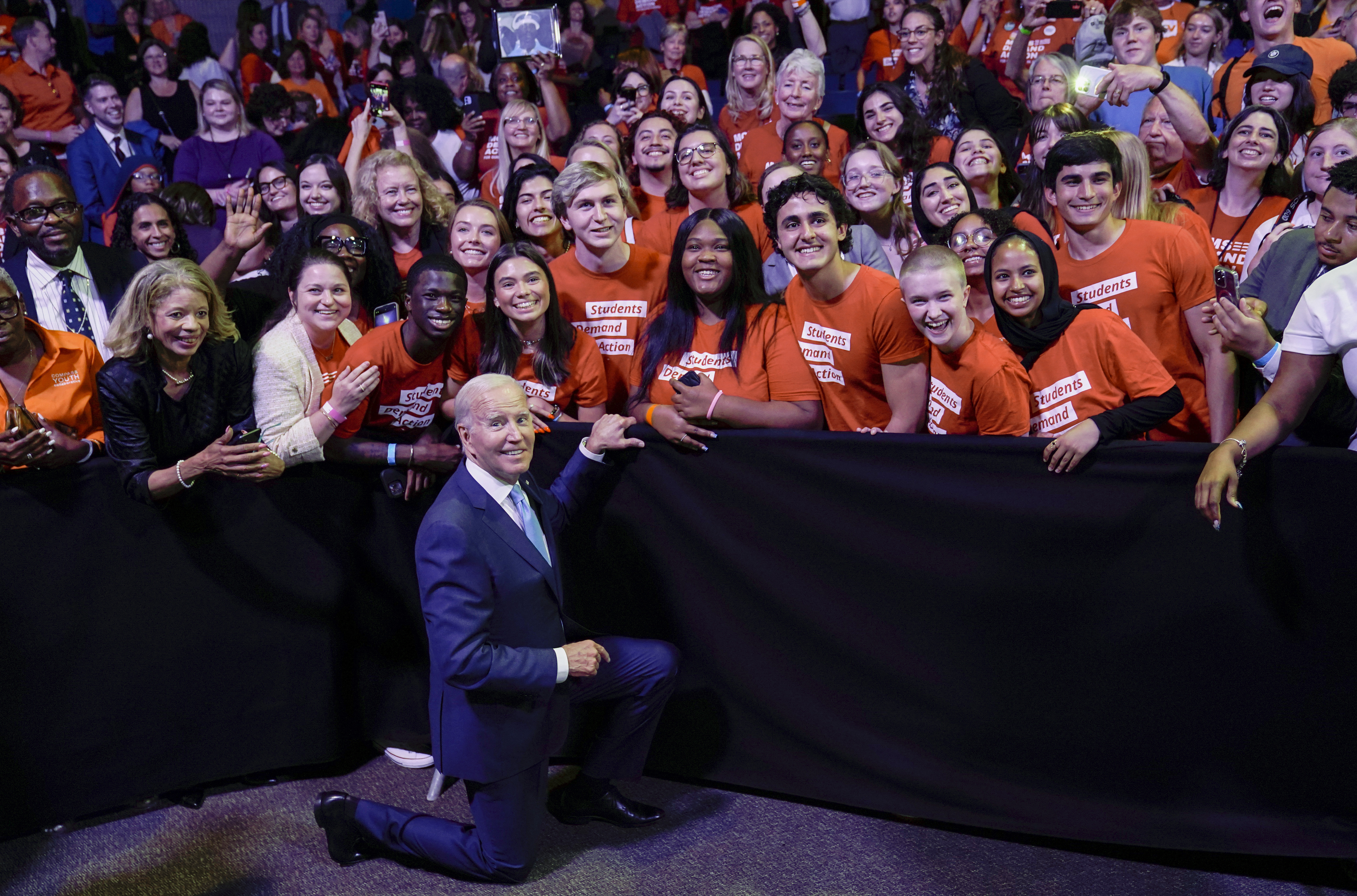 FILE - President Joe Biden poses for a photo with the Students Demand Action group after speaking at the National Safer Communities Summit at the University of Hartford in West Hartford, Conn., June 16, 2023. The oldest president in American history, Joe Biden would be 86 by the end of his second term, should he win one. He’ll nonetheless need young voters to back him next year as solidly as those under 30 did in 2020, when they supported Biden over his predecessor, Donald Trump, by a 61% to 36% margin, according to AP VoteCast. (AP Photo/Susan Walsh, File)