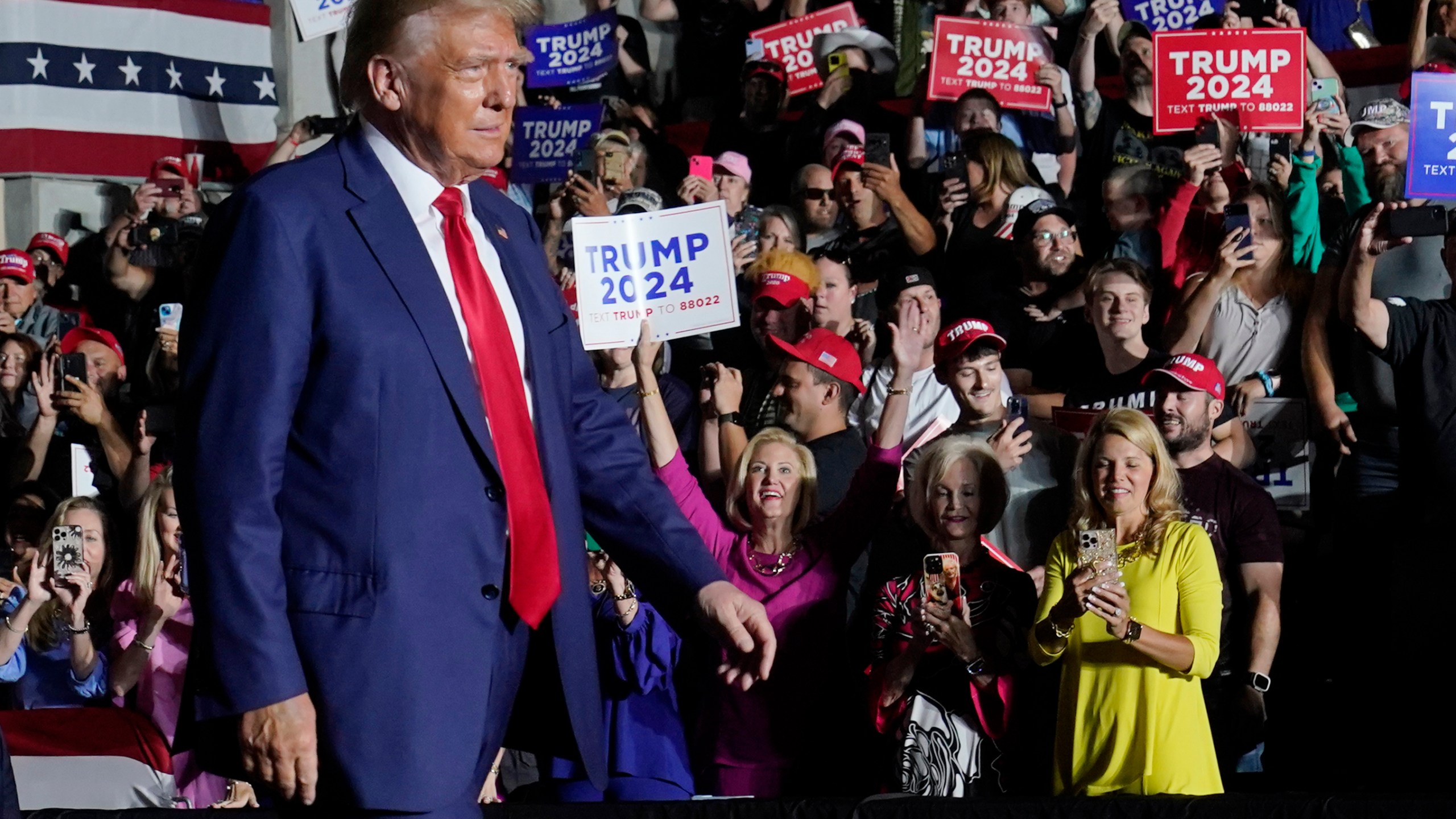 Republican presidential candidate former President Donald Trump arrives for a campaign rally Saturday, July 29, 2023, in Erie, Pa. (AP Photo/Sue Ogrocki)