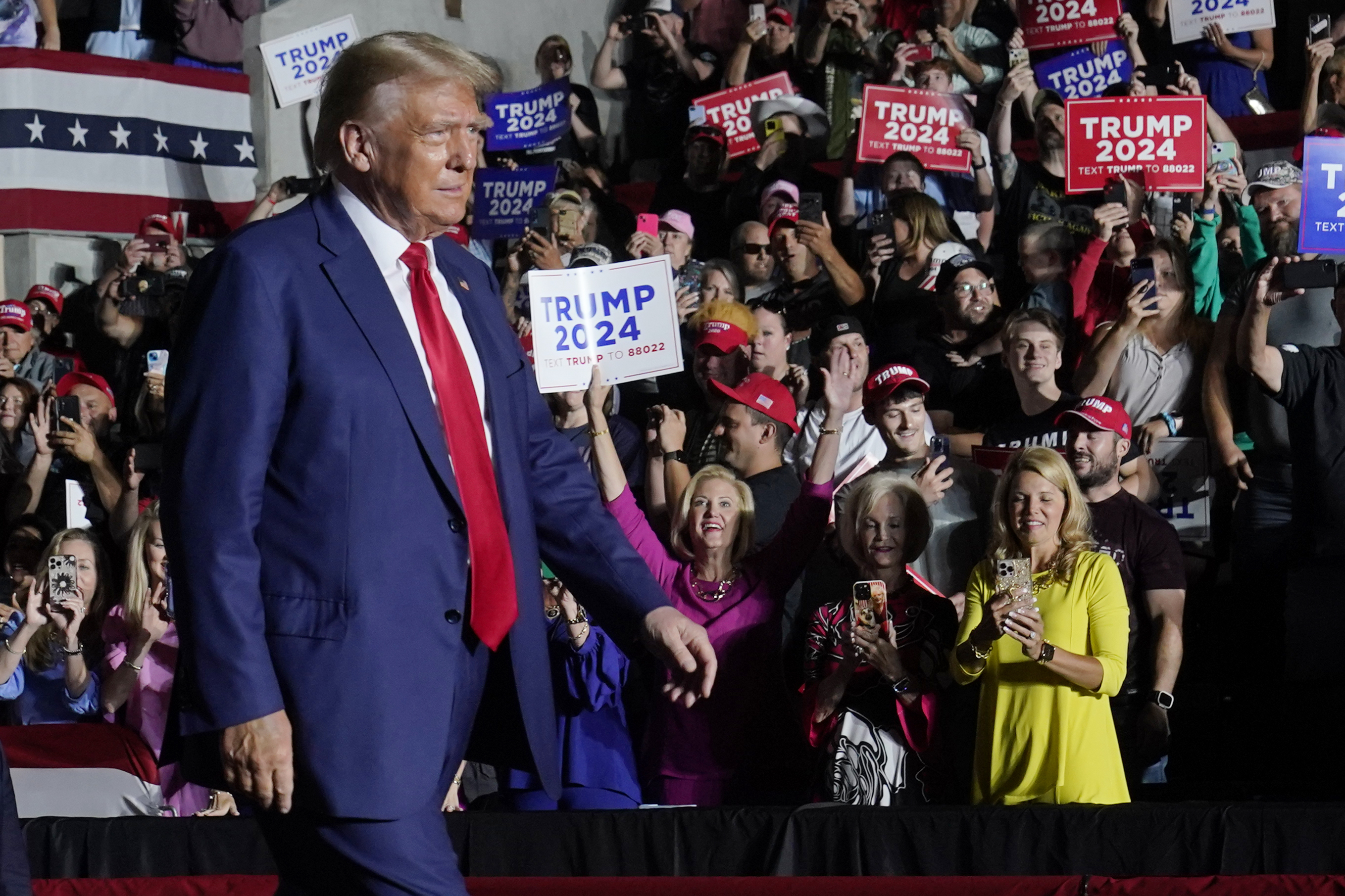 Republican presidential candidate former President Donald Trump arrives for a campaign rally Saturday, July 29, 2023, in Erie, Pa. (AP Photo/Sue Ogrocki)