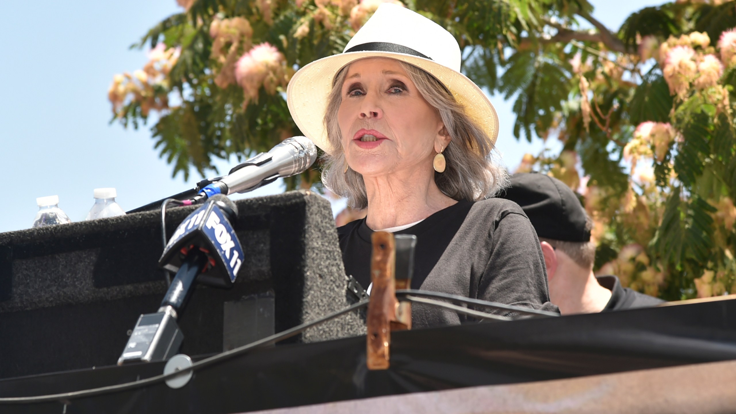 Actor Jane Fonda speaks at a picket line outside Netflix studios on Friday, July 28, 2023, in Los Angeles. The actors strike comes more than two months after screenwriters began striking in their bid to get better pay and working conditions. (Photo by Richard Shotwell/Invision/AP)