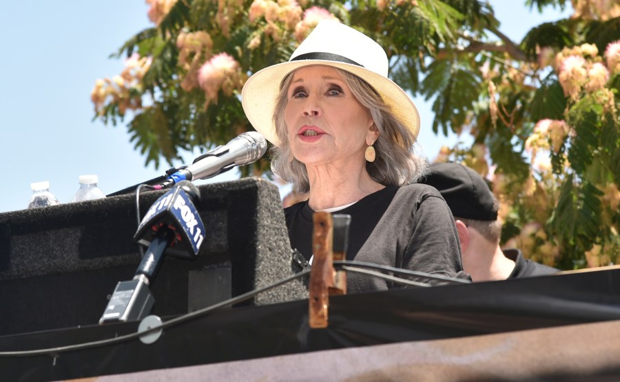 Actor Jane Fonda speaks at a picket line outside Netflix studios on Friday, July 28, 2023, in Los Angeles. The actors strike comes more than two months after screenwriters began striking in their bid to get better pay and working conditions. (Photo by Richard Shotwell/Invision/AP)