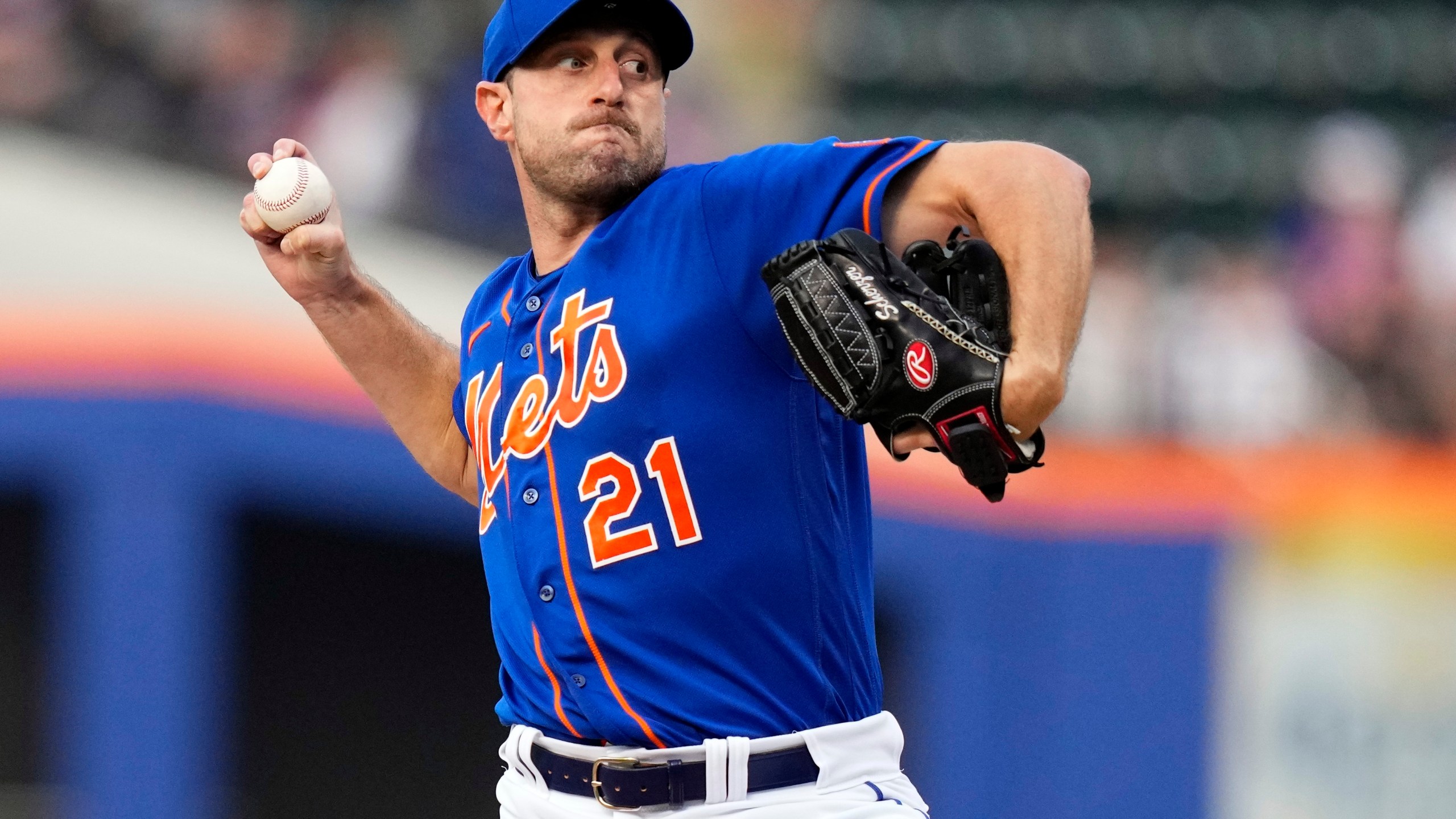 FILE - New York Mets' Max Scherzer (21) pitches during the first inning of a baseball game against the Milwaukee Brewers Thursday, June 29, 2023, in New York. (AP Photo/Frank Franklin II, File)