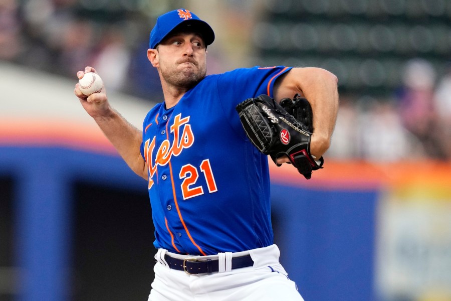 FILE - New York Mets' Max Scherzer (21) pitches during the first inning of a baseball game against the Milwaukee Brewers Thursday, June 29, 2023, in New York. (AP Photo/Frank Franklin II, File)