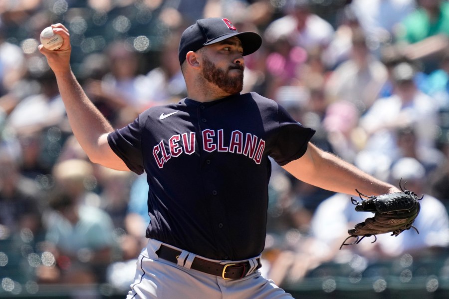 Cleveland Guardians starting pitcher Aaron Civale throws against the Chicago White Sox during the first inning of a baseball game in Chicago, Sunday, July 30, 2023. (AP Photo/Nam Y. Huh)