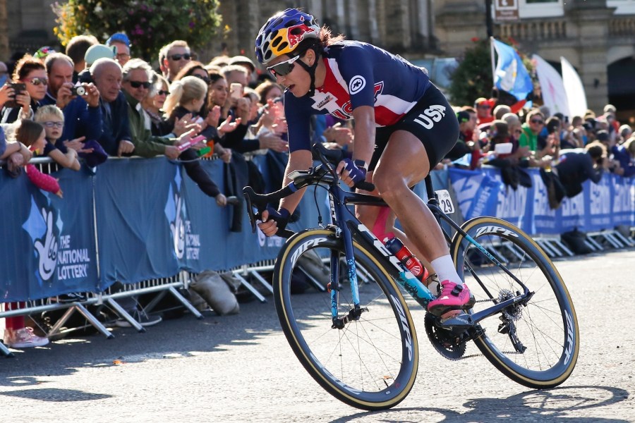 FILE - United States' Chloe Dygert pedals during the women elite race at the road cycling World Championships in Harrogate, England, Sept. 28, 2019. Dygert's cycling career nearly ended at the bottom of a ravine following a terrible crash at the world championships. The comeback of the two-time Olympian to the top of the sport has been a daunting one, waylaid by the Epstein-Barr virus, more surgeries to repair the injuries to her leg, and another crash just this past January. (AP Photo/Manu Fernandez, File)