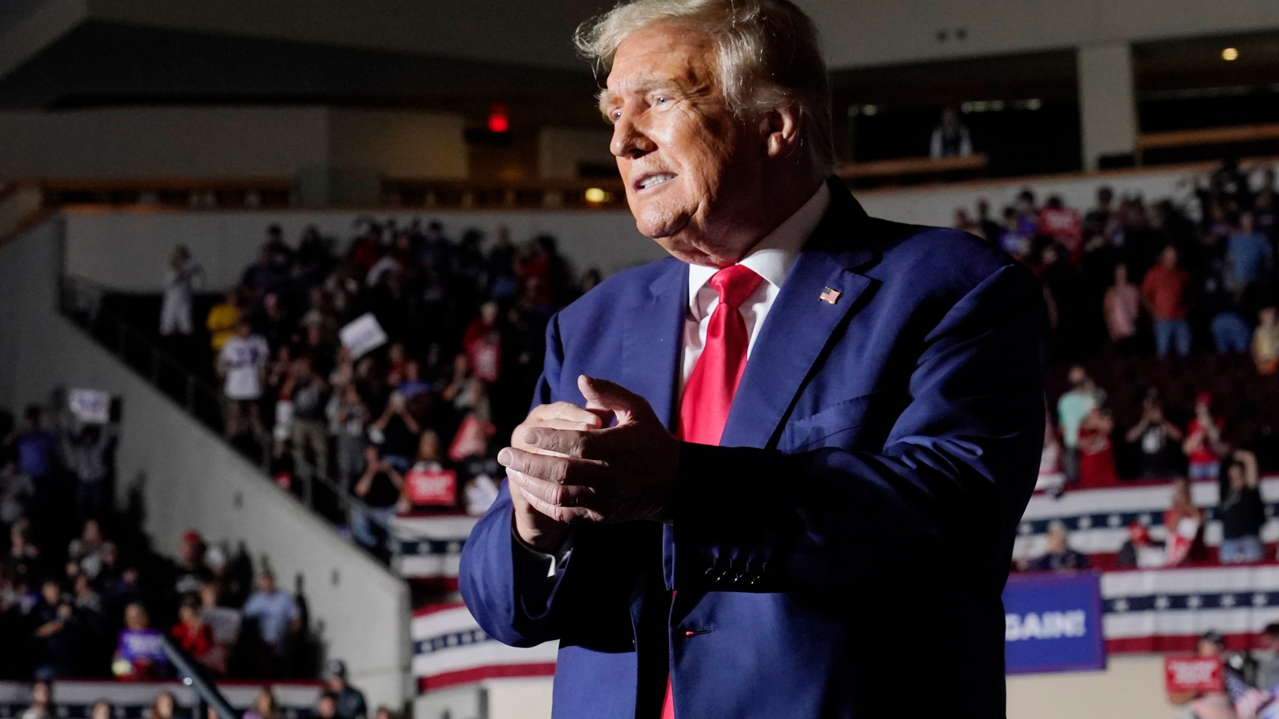 Republican presidential candidate former President Donald Trump gestures as he leaves a campaign rally Saturday, July 29, 2023, in Erie, Pa. (AP Photo/Sue Ogrocki)