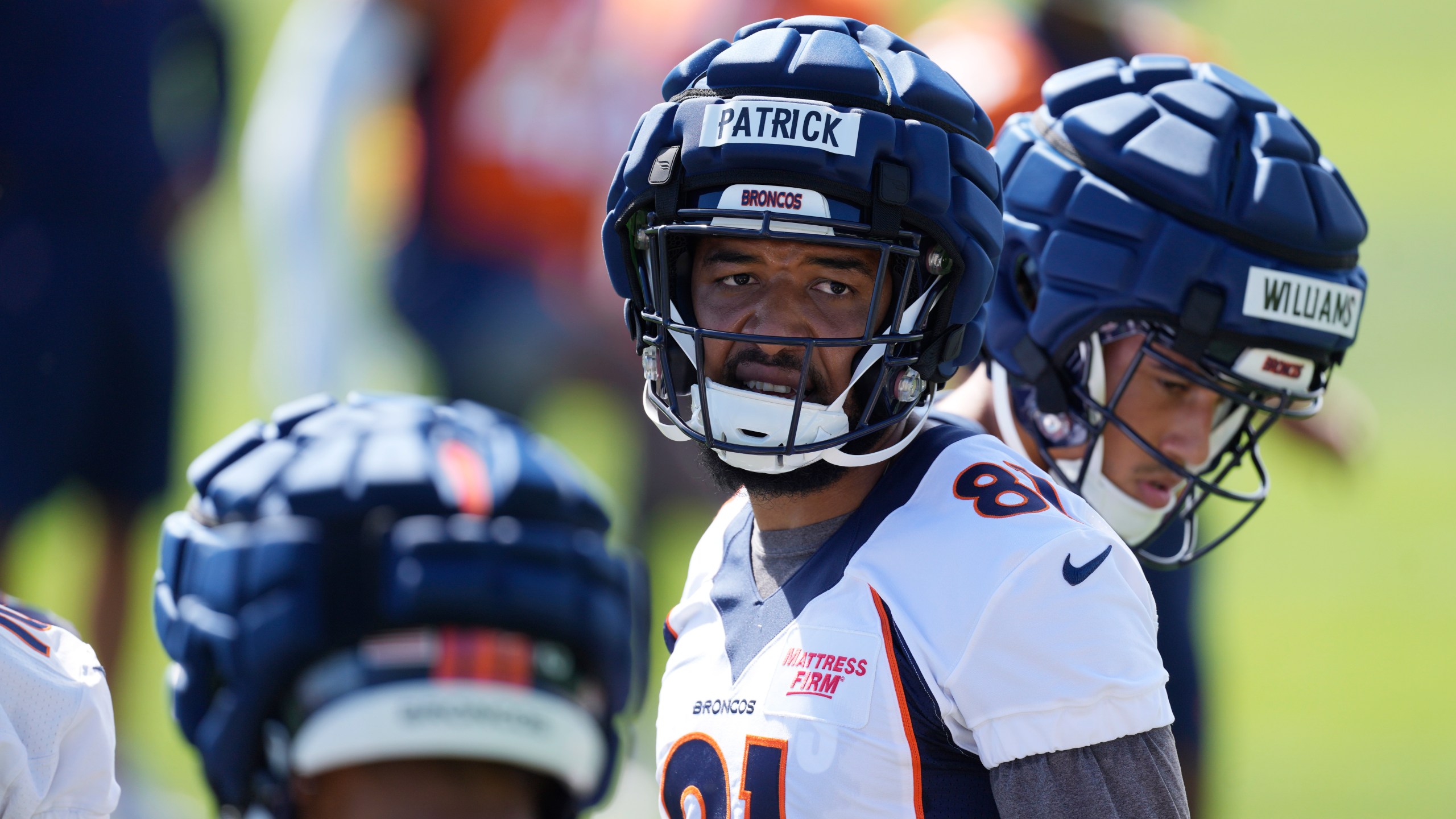 Denver Broncos wide receiver Tim Patrick takes part in drills during NFL football training camp at the team's headquarters, Thursday, July 27, 2023, in Centennial Colo. (AP Photo/David Zalubowski)