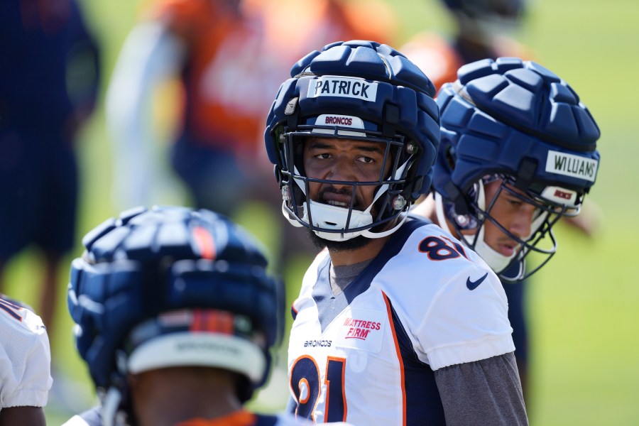 Denver Broncos wide receiver Tim Patrick takes part in drills during NFL football training camp at the team's headquarters, Thursday, July 27, 2023, in Centennial Colo. (AP Photo/David Zalubowski)