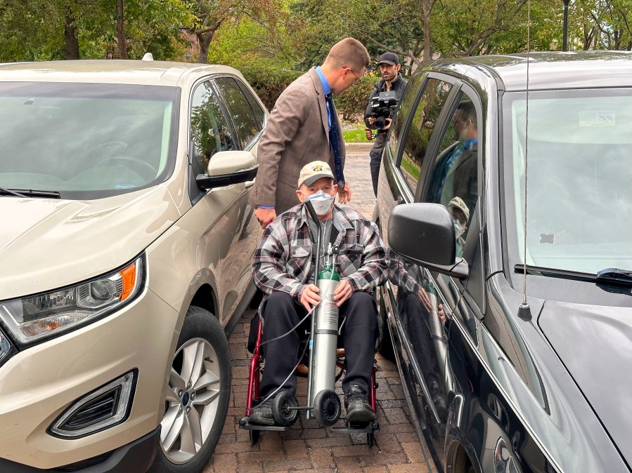 FILE - Terry Jon Martin prepares to leave the federal courthouse in Duluth, Minn., Oct. 13, 2023. Martin, charged with the museum heist of a pair of ruby slippers worn by Judy Garland in the "The Wizard of Oz" gave into the temptation of “one last score” after an old mob associate led him to believe the famous shoes must be adorned with real jewels to justify their $1 million insured value according to a new memo filed ahead of his Monday, Jan. 29, 2024, sentencing in Duluth. (Dan Kraker/Minnesota Public Radio via AP)