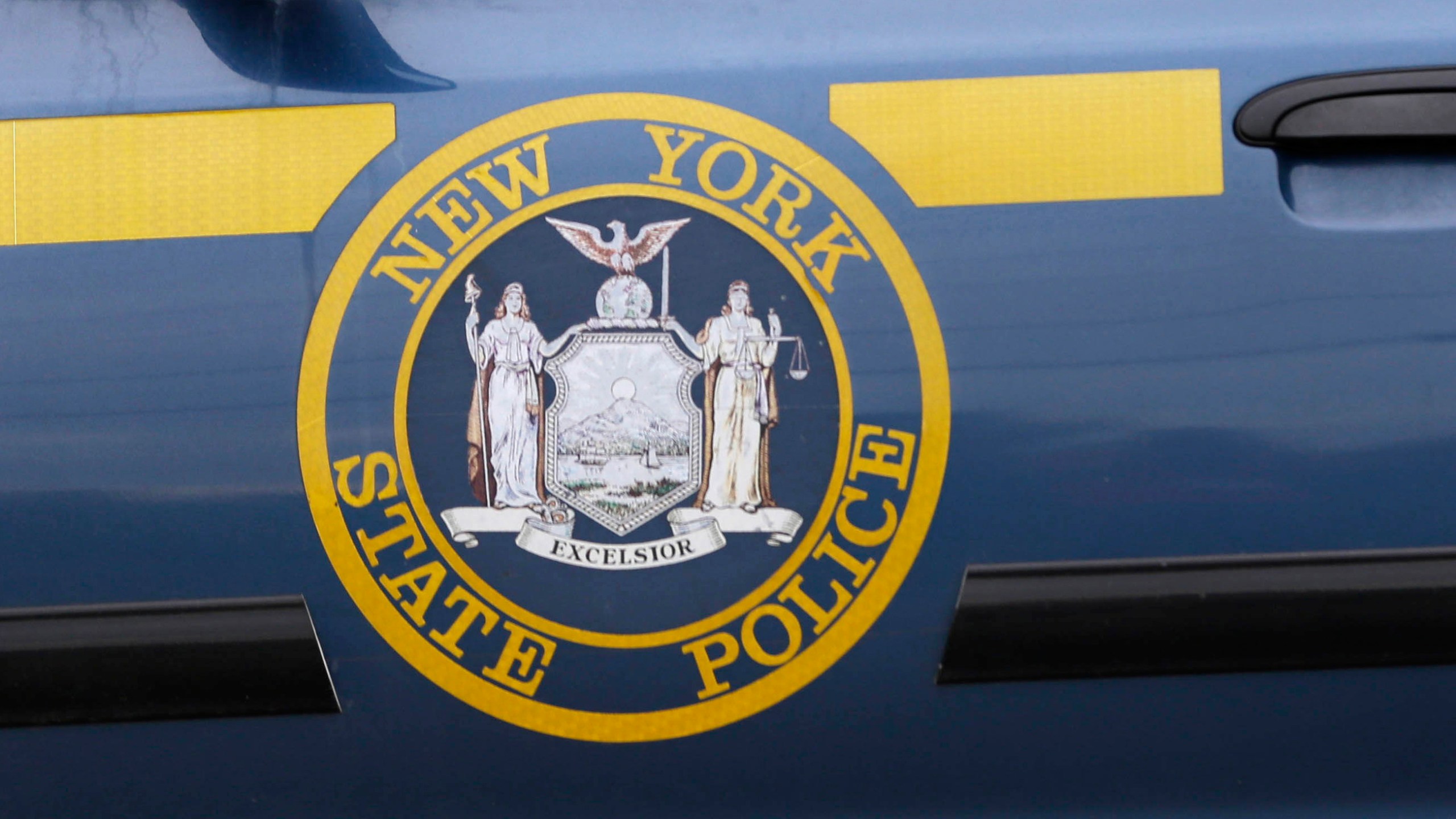 FILE - A New York State Police logo is shown on a state police officer's car near Dannemora, N.Y., Friday, June 12, 2015. (AP Photo/Seth Wenig, File)