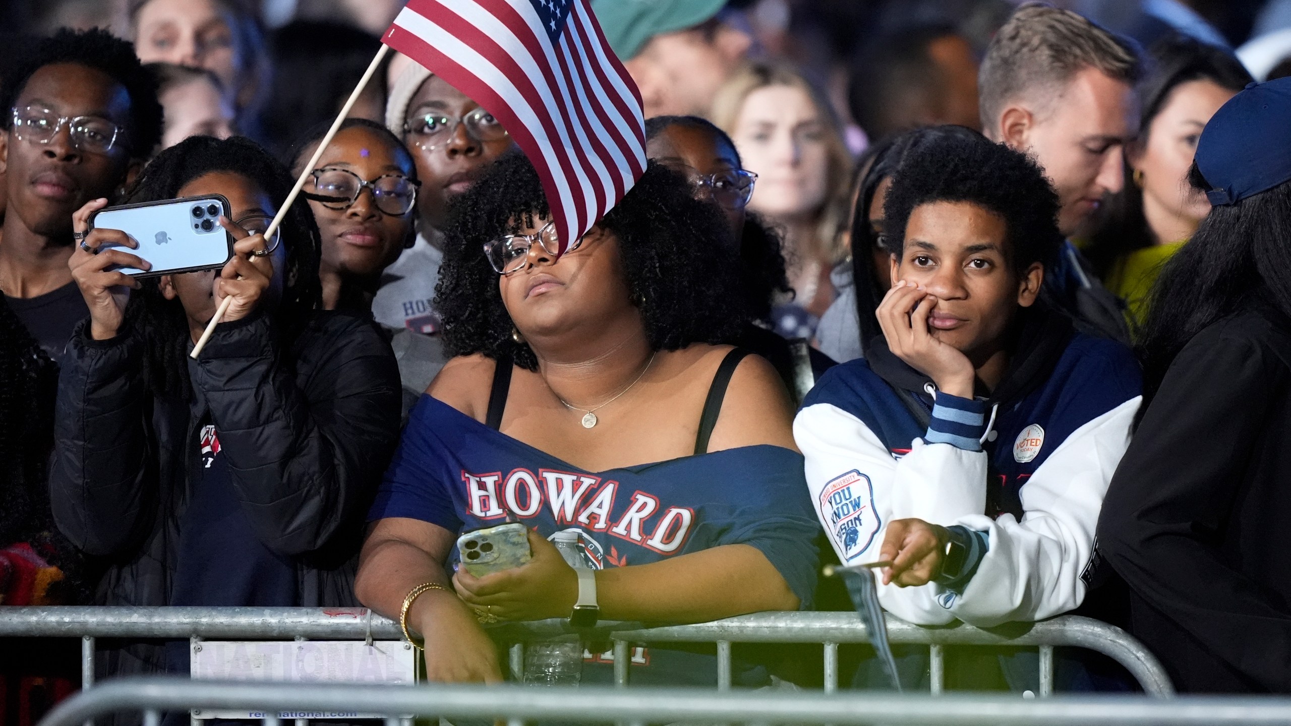 Supporters of Democratic presidential nominee Vice President Kamala Harris attend an election night campaign watch party Tuesday, Nov. 5, 2024, on the campus of Howard University in Washington. (AP Photo/Mark Schiefelbein)