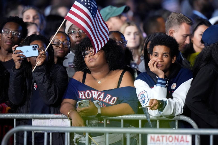 Supporters of Democratic presidential nominee Vice President Kamala Harris attend an election night campaign watch party Tuesday, Nov. 5, 2024, on the campus of Howard University in Washington. (AP Photo/Mark Schiefelbein)