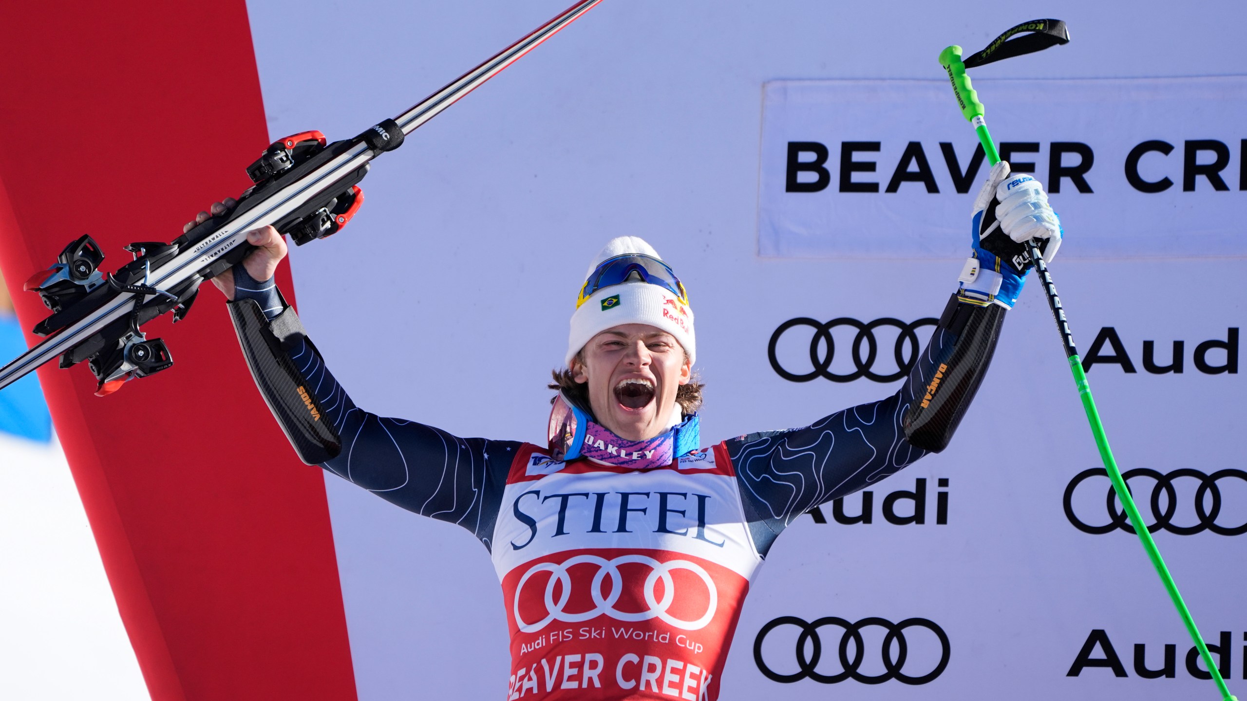 Second place finisher Brazil's Lucas Pinheiro Braathen celebrates after a men's World Cup giant slalom skiing race, Sunday, Dec. 8, 2024, in Beaver Creek. (AP Photo/John Locher)