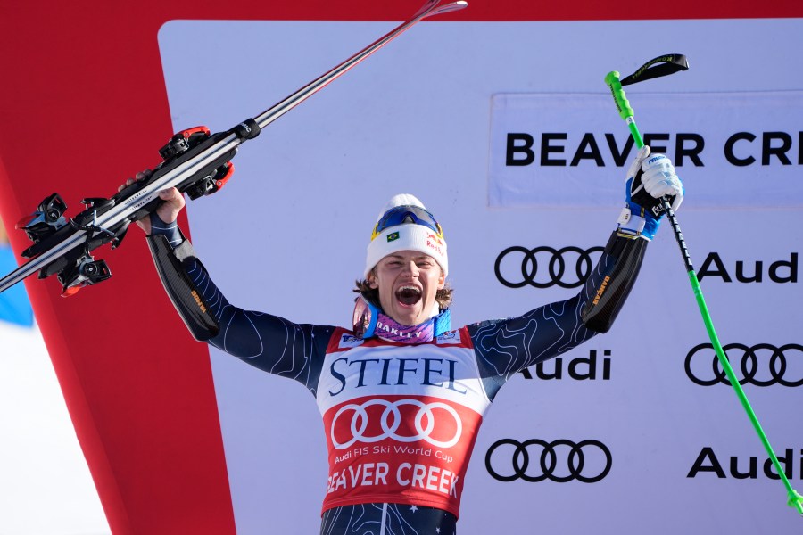 Second place finisher Brazil's Lucas Pinheiro Braathen celebrates after a men's World Cup giant slalom skiing race, Sunday, Dec. 8, 2024, in Beaver Creek. (AP Photo/John Locher)