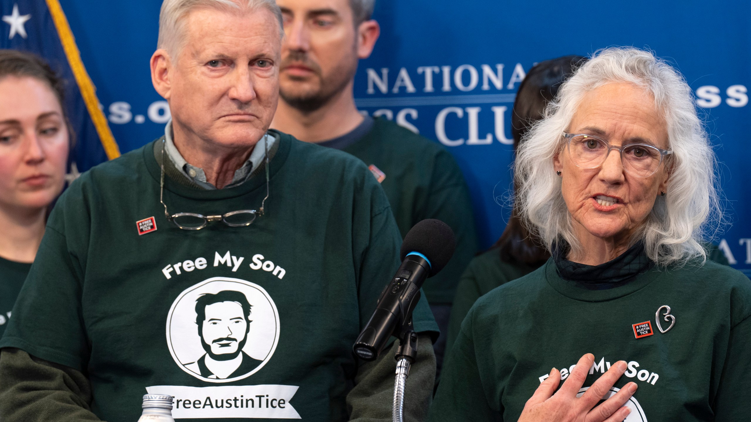 Marc Tice, left, and Debra Tice, the parents of Austin Tice, a journalist who was kidnapped in Syria, update the media about their son's condition as they continue to push for his release, Friday, Dec. 6, 2024, during a news conference at the National Press Club in Washington. (AP Photo/Jacquelyn Martin)