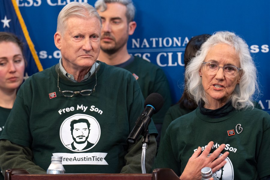 Marc Tice, left, and Debra Tice, the parents of Austin Tice, a journalist who was kidnapped in Syria, update the media about their son's condition as they continue to push for his release, Friday, Dec. 6, 2024, during a news conference at the National Press Club in Washington. (AP Photo/Jacquelyn Martin)