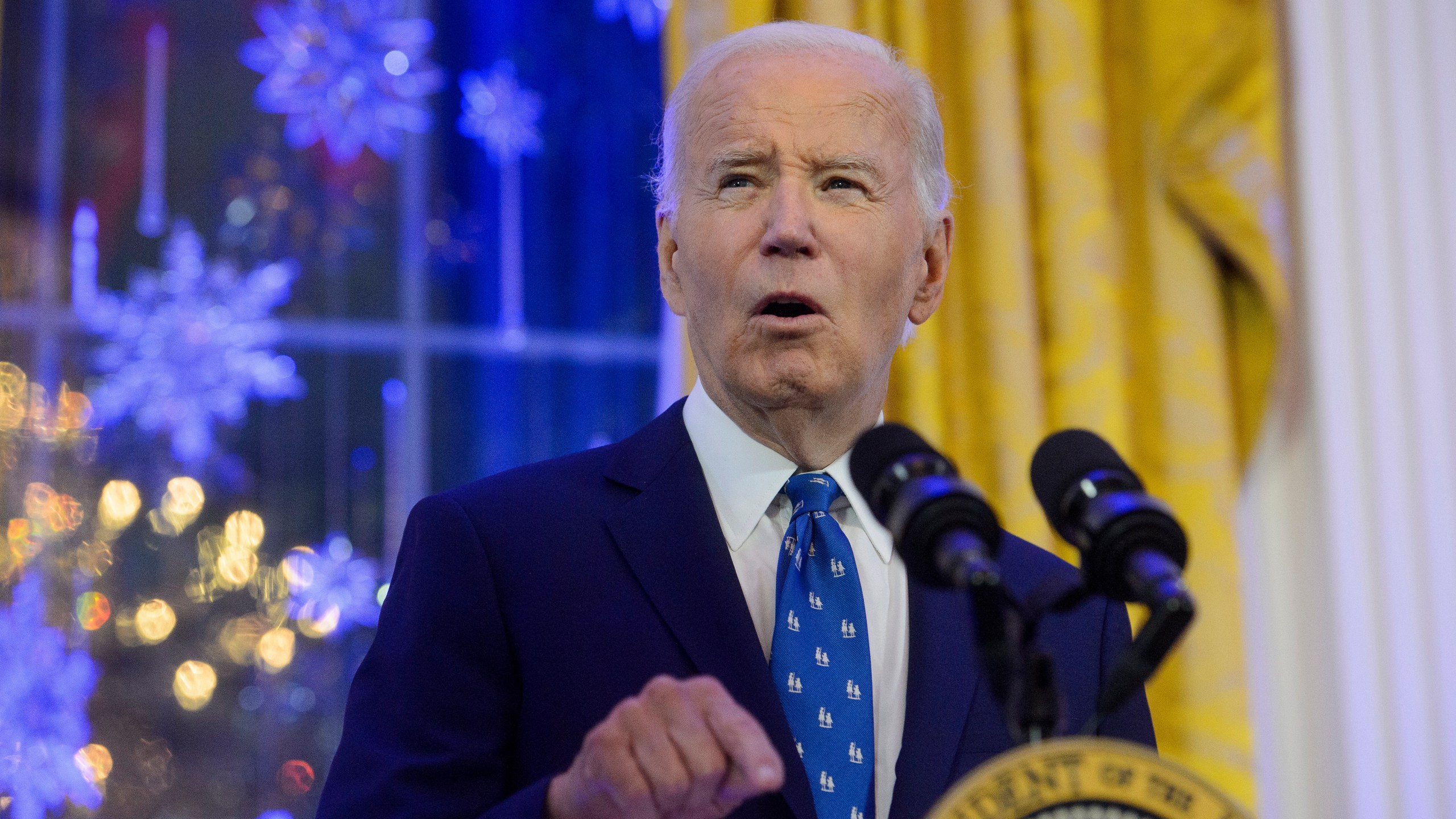 FILE - President Joe Biden speaks during a Hanukkah reception in the East Room of the White House in Washington, Monday, Dec. 16, 2024. (AP Photo/Rod Lamkey, Jr., File)