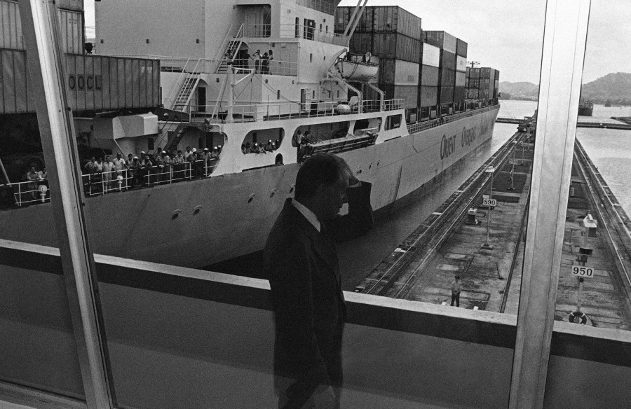 FILE - President Jimmy Carter views the Panama Canal at the Miraflores Locks in Canal Zone on June 17, 1978. On Friday Carter signed the final Panama Canal Treaties giving control of the canal to Panama in 2000. (AP Photo/Tasnadi, File)