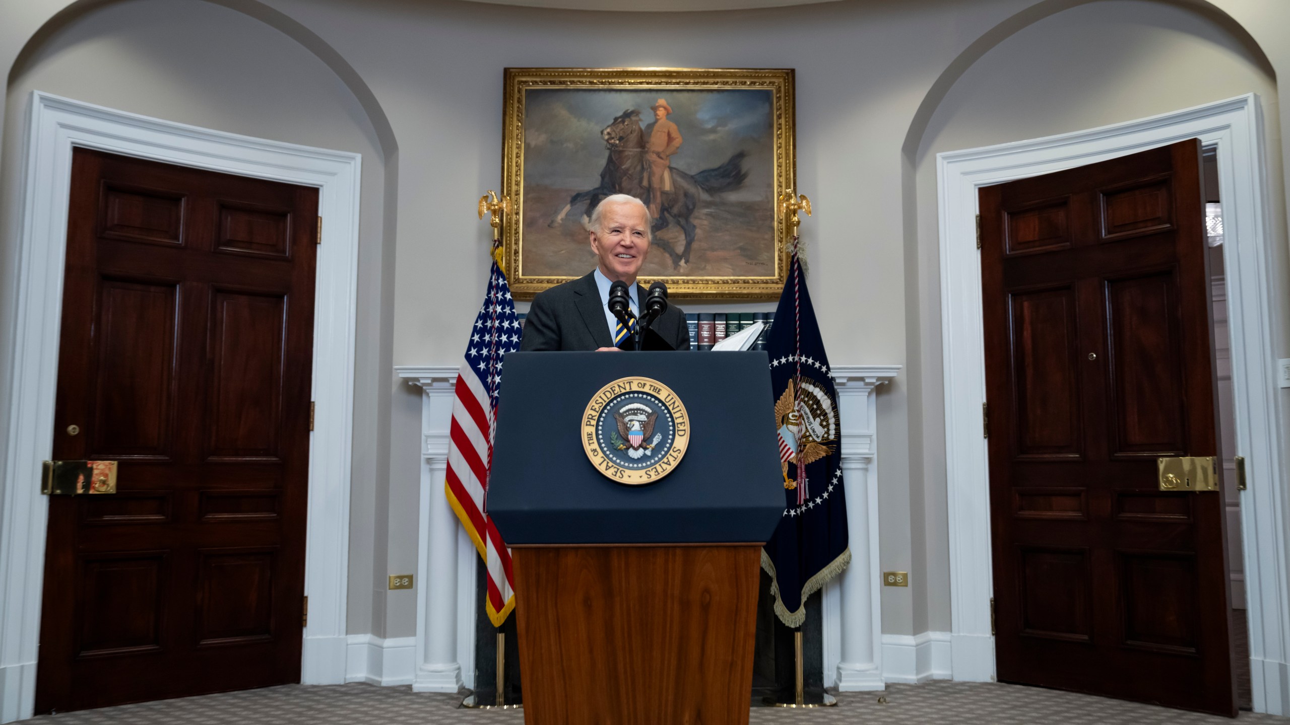 President Joe Biden speaks in the Roosevelt Room at the White House in Washington, Friday, Jan. 10, 2025. (AP Photo/Ben Curtis)