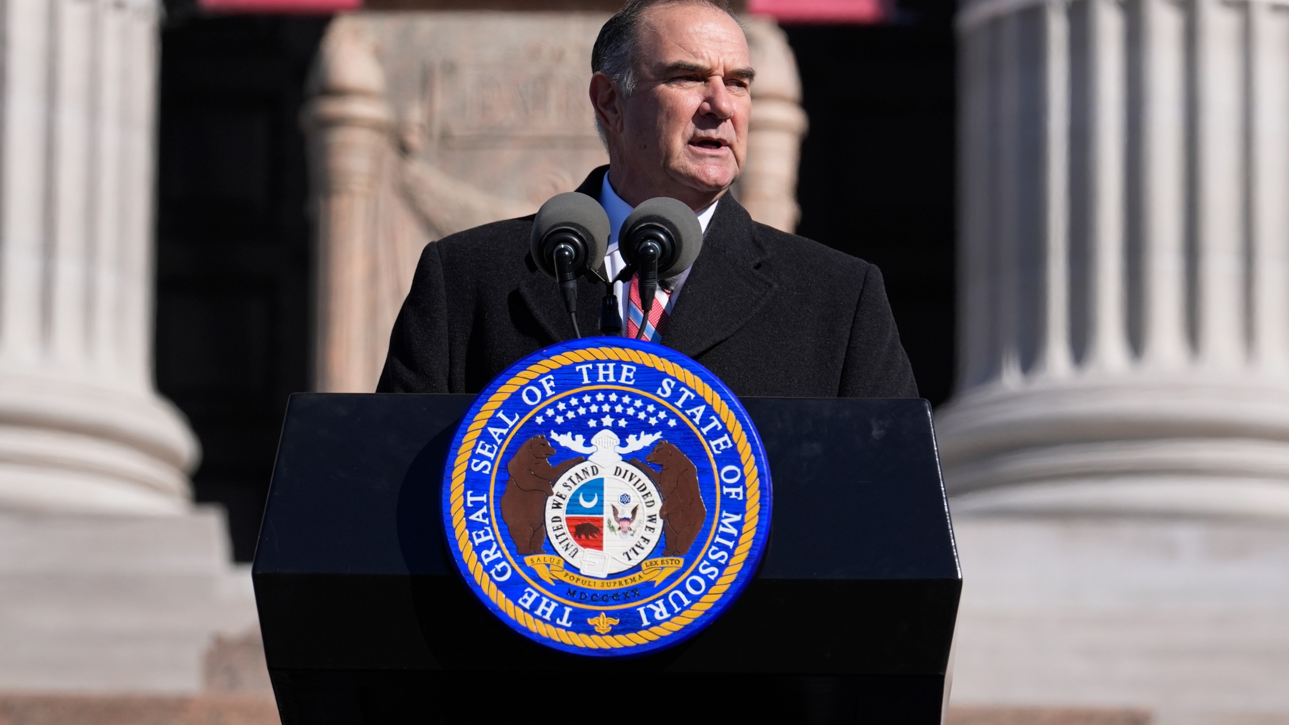 Gov. Mike Kehoe delivers his inaugural address after being sworn in as Missouri's 58th governor Monday, Jan. 13, 2025, in Jefferson City, Mo. (AP Photo/Jeff Roberson)