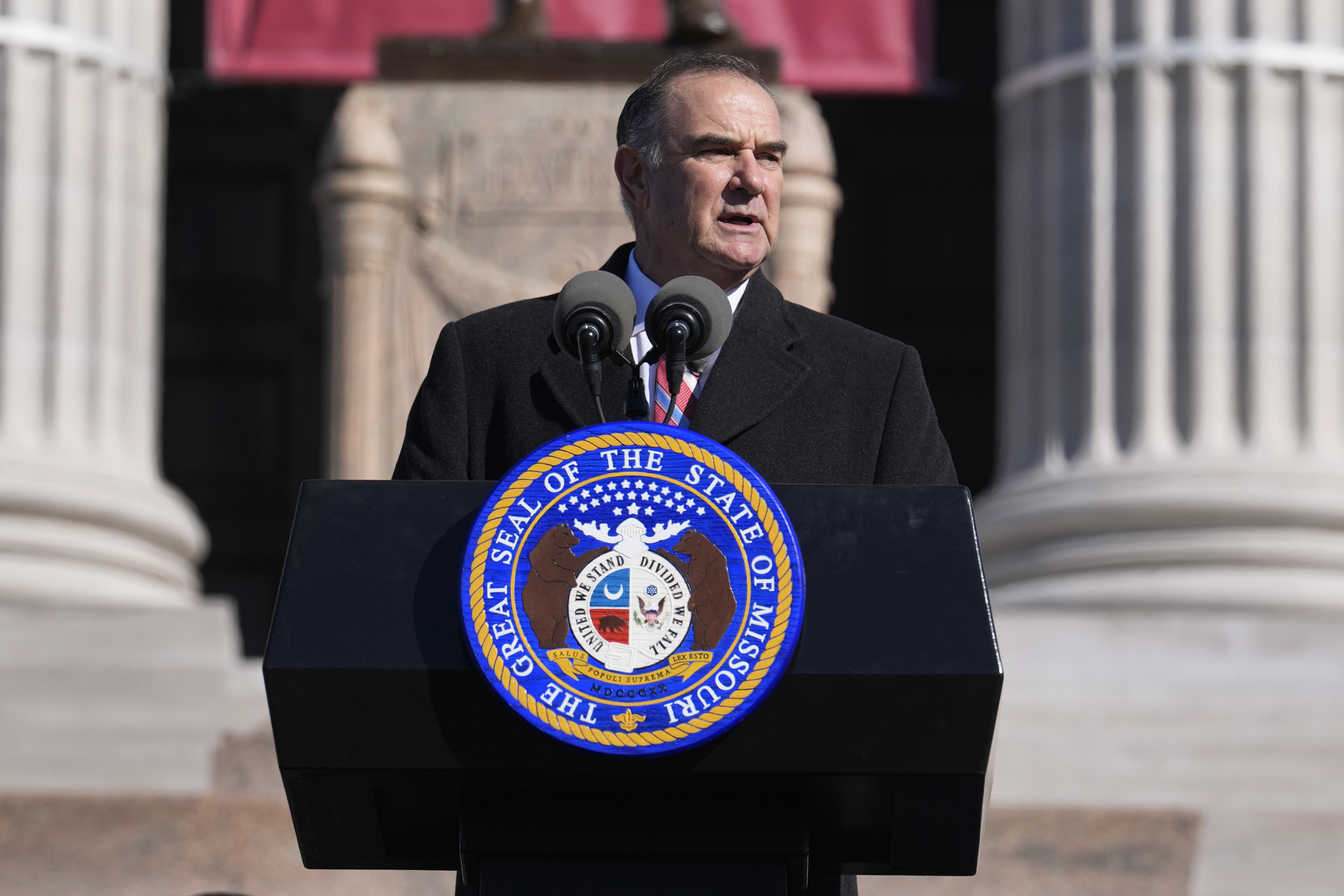 Gov. Mike Kehoe delivers his inaugural address after being sworn in as Missouri's 58th governor Monday, Jan. 13, 2025, in Jefferson City, Mo. (AP Photo/Jeff Roberson)