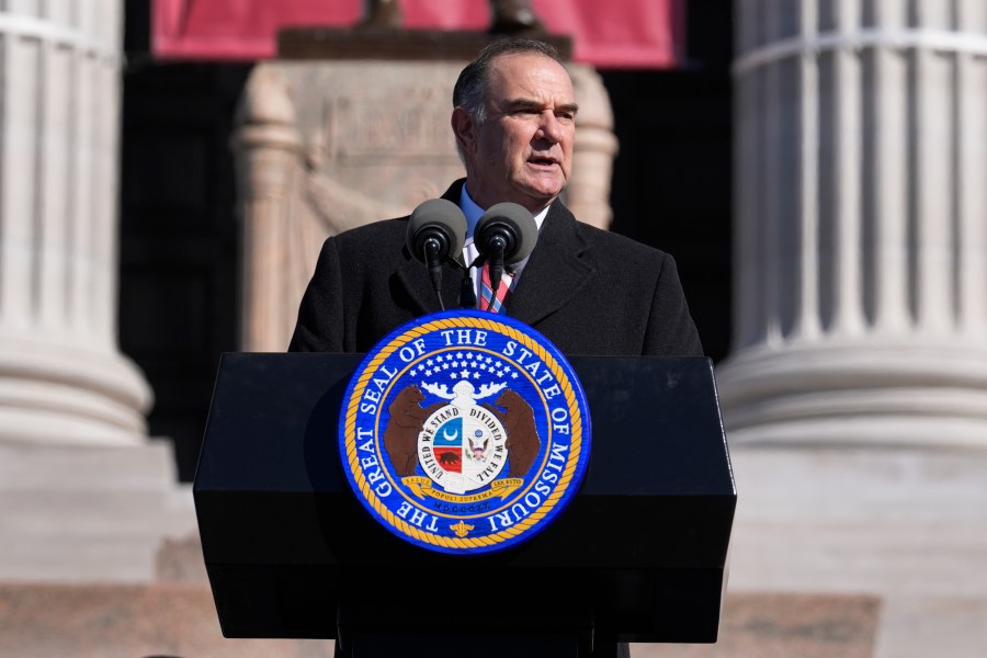 Gov. Mike Kehoe delivers his inaugural address after being sworn in as Missouri's 58th governor Monday, Jan. 13, 2025, in Jefferson City, Mo. (AP Photo/Jeff Roberson)