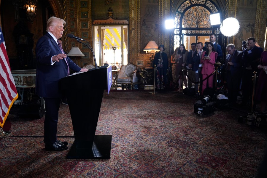 FILE - President-elect Donald Trump speaks during a news conference at Mar-a-Lago, Jan. 7, 2025, in Palm Beach, Fla. (AP Photo/Evan Vucci, File)