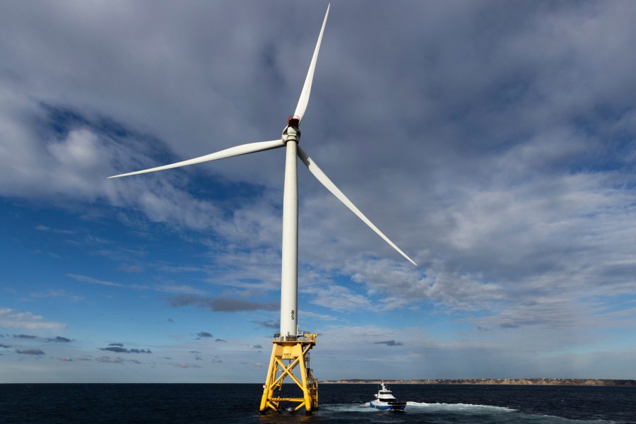 FILE - A Block Island Wind Farm turbine operates, Dec. 7, 2023, off the coast of Block Island, R.I., during a tour organized by Orsted. (AP Photo/Julia Nikhinson, File)