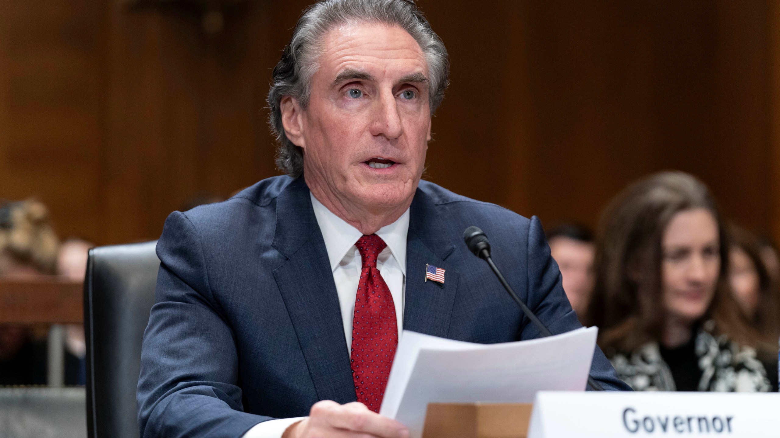 Former Gov. Doug Burgum, President-elect Donald Trump's choice to lead the the Interior Department as Secretary of the Interior, testifies before the Senate Energy and Natural Resources Committee on Capitol Hill in Washington, Thursday, Jan. 16, 2025. (AP Photo/Jose Luis Magana)