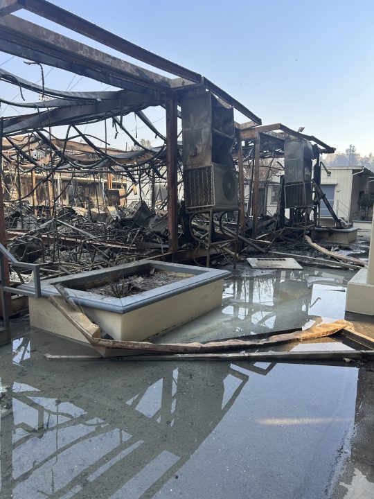 Damage from the Palisades Fire is seen on the Palisades Charter High School campus in the Pacific Palisades neighborhood of Los Angeles, Jan. 9, 2025. (Rafael Negroe via AP)