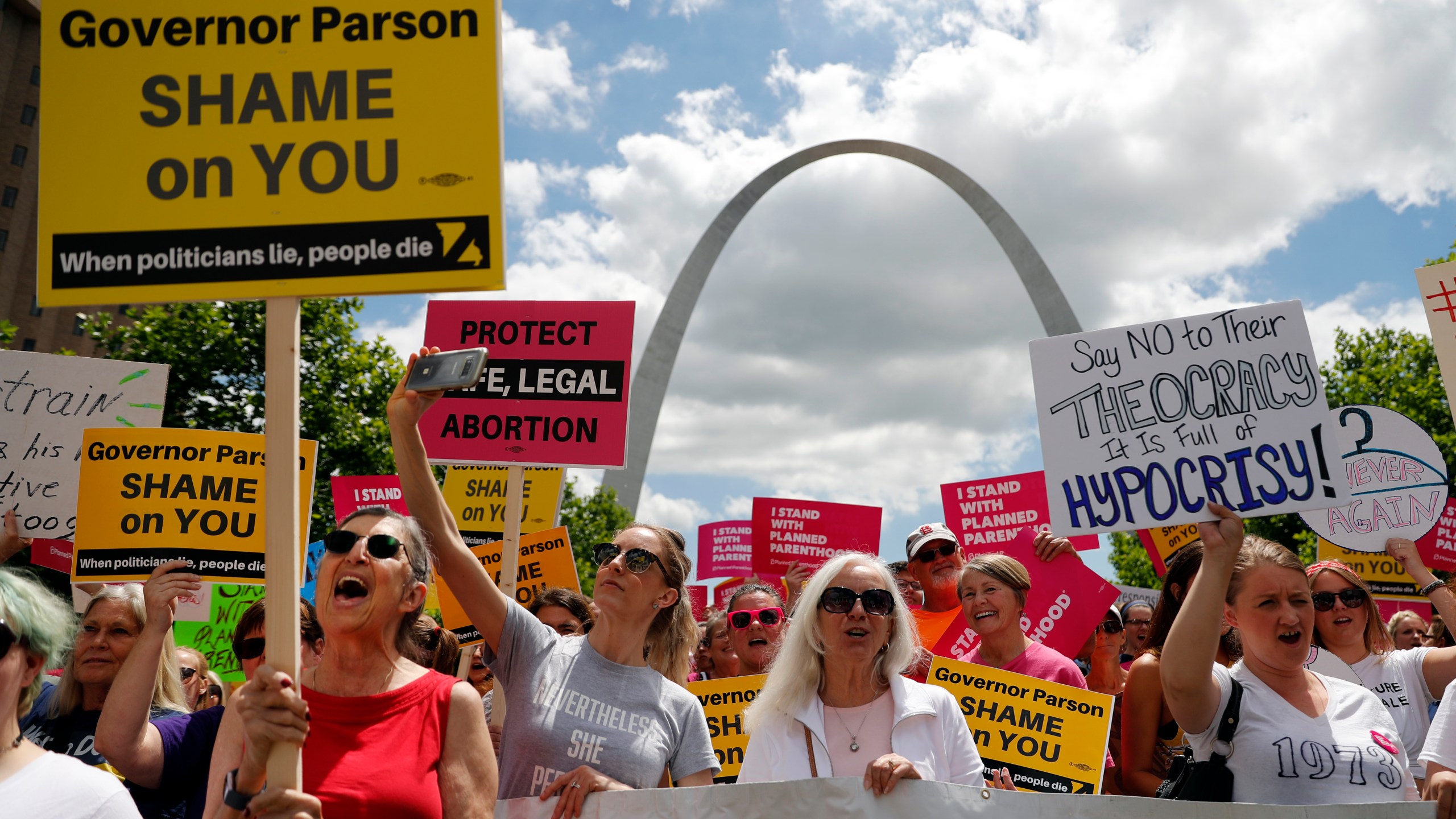 FILE - Abortion-rights supporters take part in a protest on May 30, 2019, in St. Louis. (AP Photo/Jeff Roberson, File)