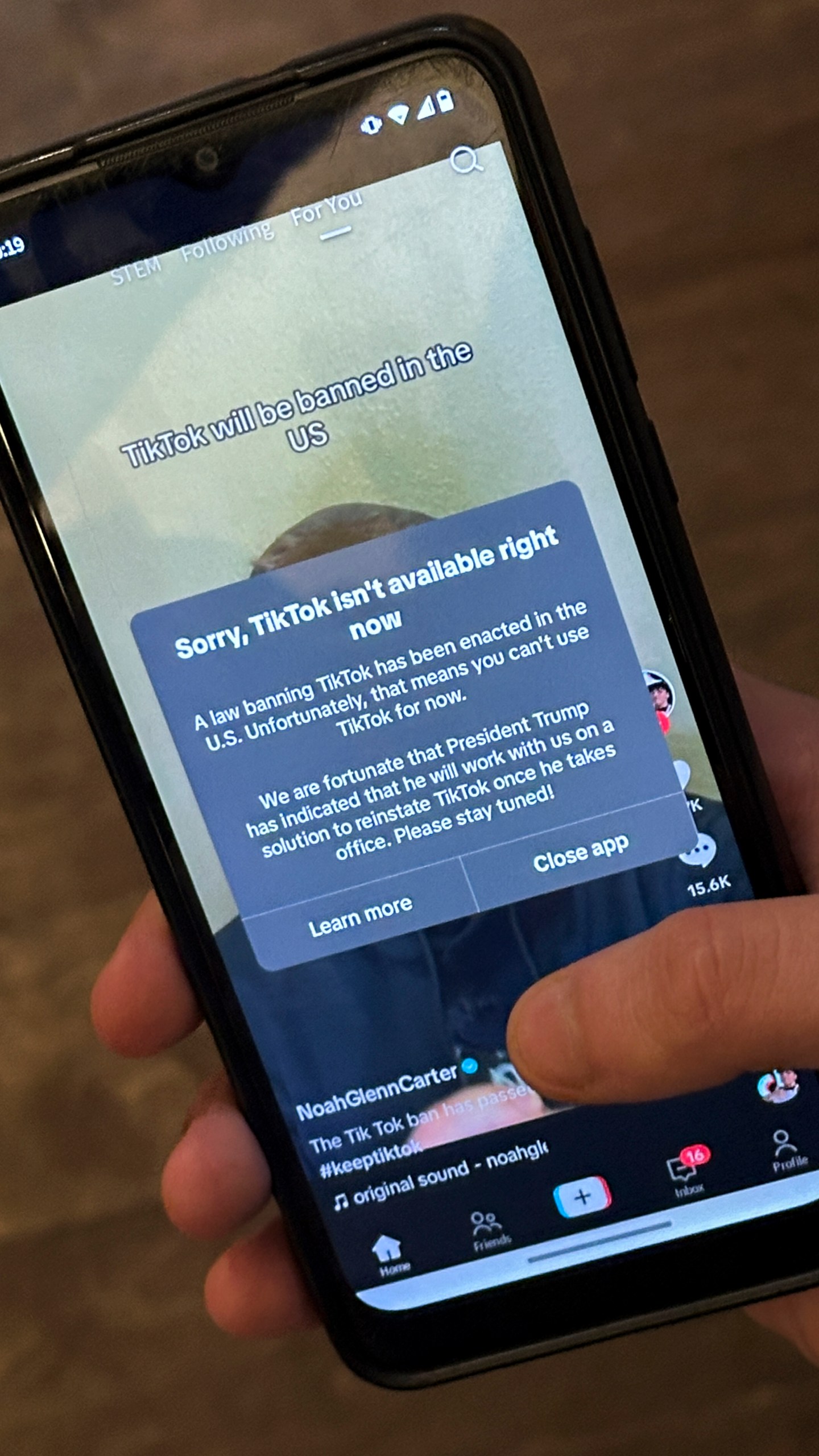 A message reading "Sorry, TikTok isn't available right now" is displayed from the TikTok app on a cell phone screen Saturday, Jan. 18, 2025, in Nashville, Tenn. (AP Photo/George Walker IV)