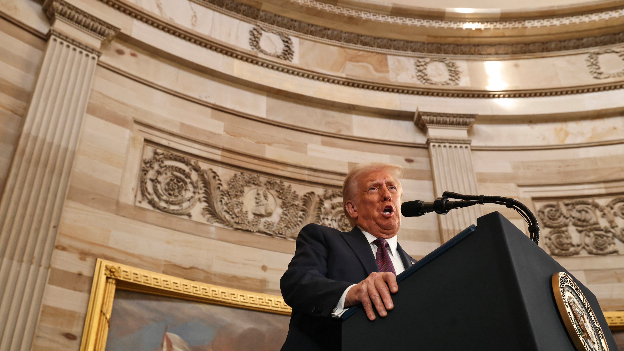 President Donald Trump speaks during the 60th Presidential Inauguration in the Rotunda of the U.S. Capitol in Washington, Monday, Jan. 20, 2025. (Chip Somodevilla/Pool Photo via AP)