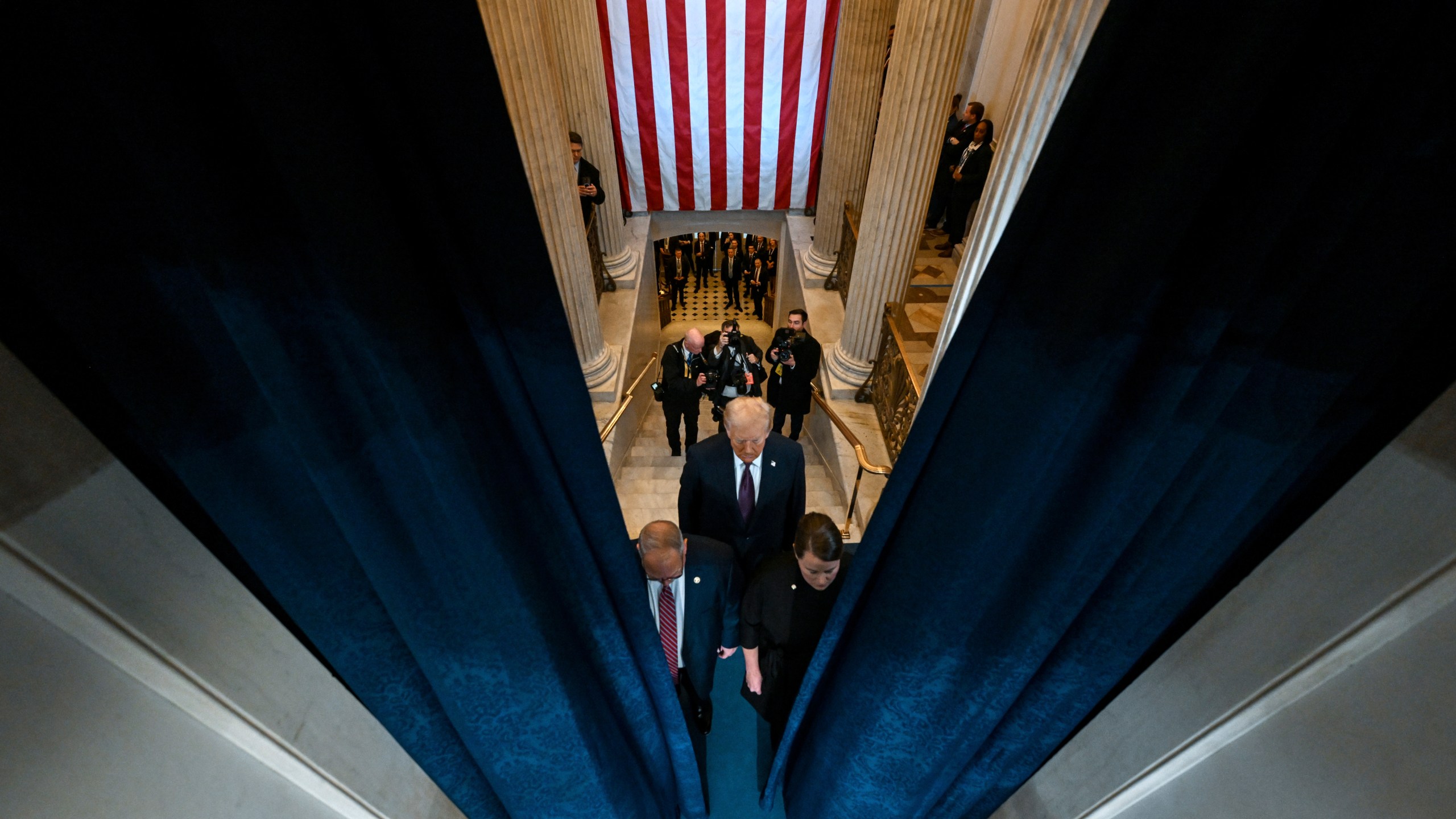 President-elect Donald Trump arrives at the 60th Presidential Inauguration in the Rotunda of the U.S. Capitol in Washington, Monday, Jan. 20, 2025. (Kenny Holston/The New York Times via AP, Pool)