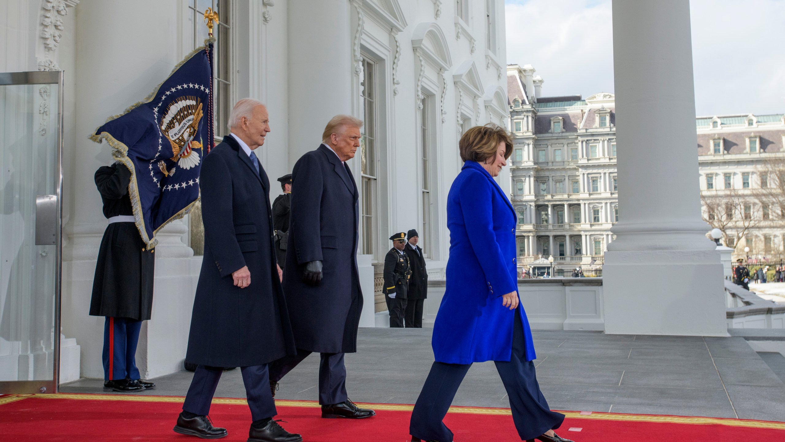 Sen. Amy Klobuchar, D-Minn.; President Joe Biden; and President-elect Donald Trump depart the White House for the Capitol, Monday, Jan. 20, 2025, in Washington. (AP Photo/Rod Lamkey, Jr.)