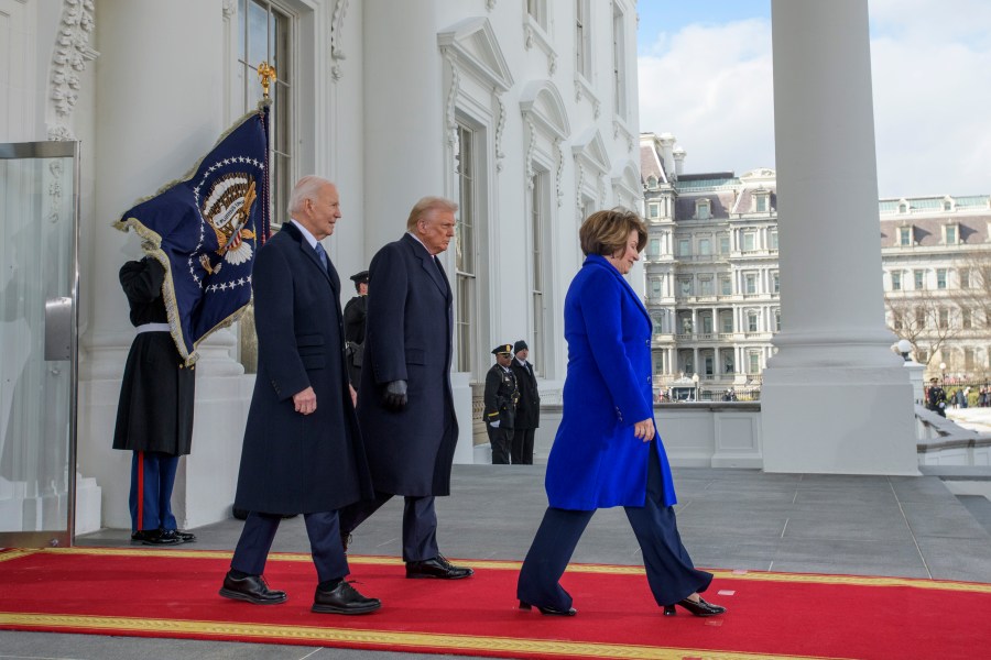 Sen. Amy Klobuchar, D-Minn.; President Joe Biden; and President-elect Donald Trump depart the White House for the Capitol, Monday, Jan. 20, 2025, in Washington. (AP Photo/Rod Lamkey, Jr.)