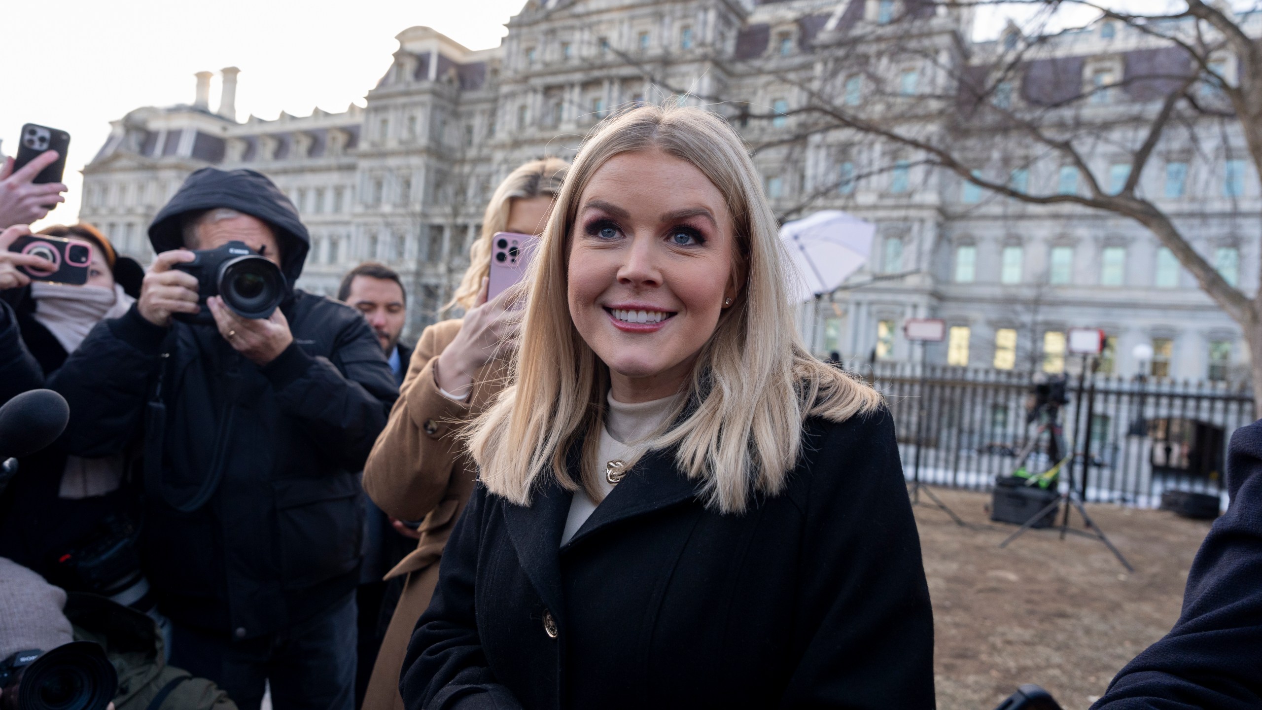 White House press secretary Karoline Leavitt speaks with reporters at the White House, Wednesday, Jan. 22, 2025, in Washington. (AP Photo/Alex Brandon)