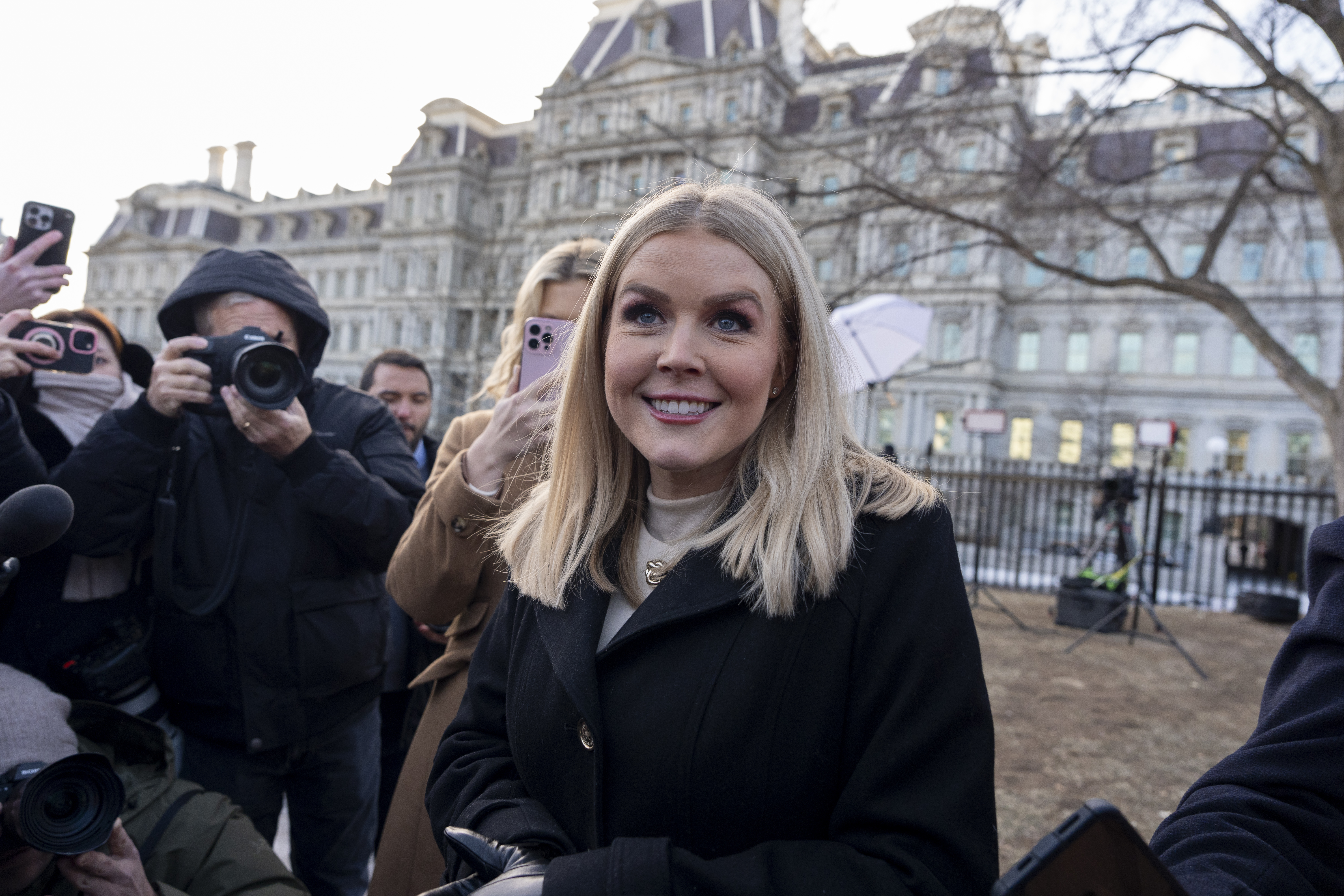 White House press secretary Karoline Leavitt speaks with reporters at the White House, Wednesday, Jan. 22, 2025, in Washington. (AP Photo/Alex Brandon)