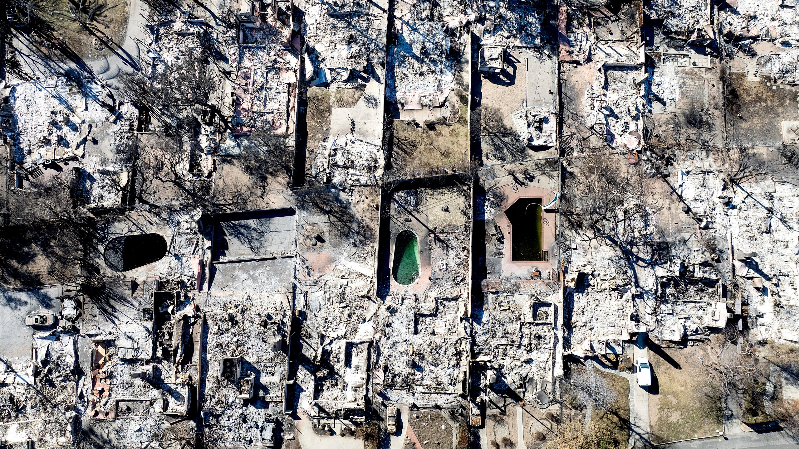 Residences destroyed by the Eaton Fire line a neighborhood in Altadena, Calif., on Tuesday, Jan. 21, 2025. (AP Photo/Noah Berger)