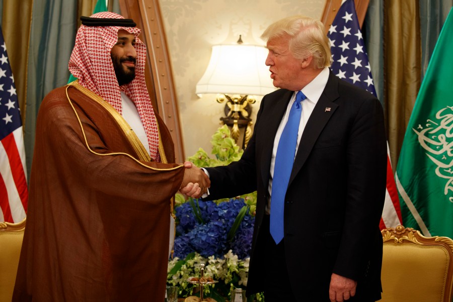 FILE- President Donald Trump shakes hands with Saudi Deputy Crown Prince and Defense Minister Mohammed bin Salman during a bilateral meeting, in Riyadh, May 20, 2017. (AP Photo/Evan Vucci, File)