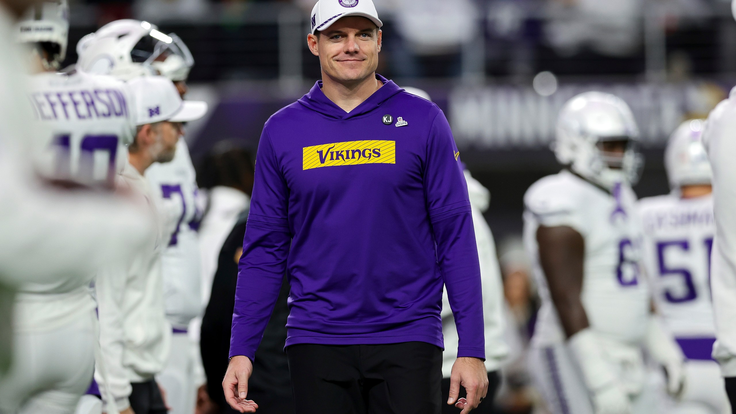 FILE - Minnesota Vikings head coach Kevin O'Connell walks across the field during warm ups before an NFL football game against the Chicago Bears, Monday, Dec. 16, 2024 in Minneapolis. (AP Photo/Stacy Bengs, File)