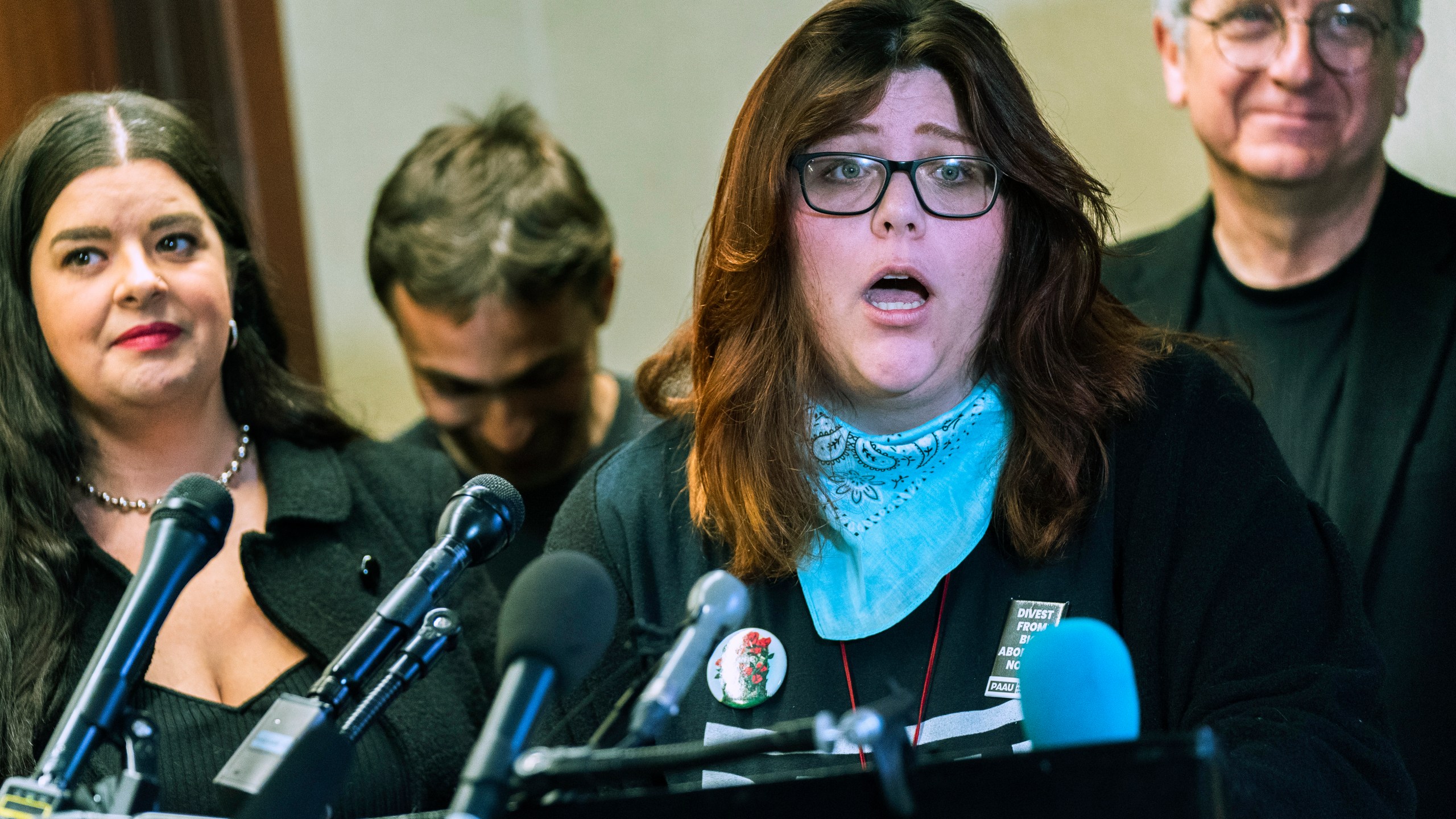 FILE - Anti-abortion activists Lauren Handy, front, with Terrisa Bukovinac, from left, Jonathan Darnell, and Randall Terry, speak during a news conference in Washington, April 5, 2022. (AP Photo/Manuel Balce Ceneta, File)